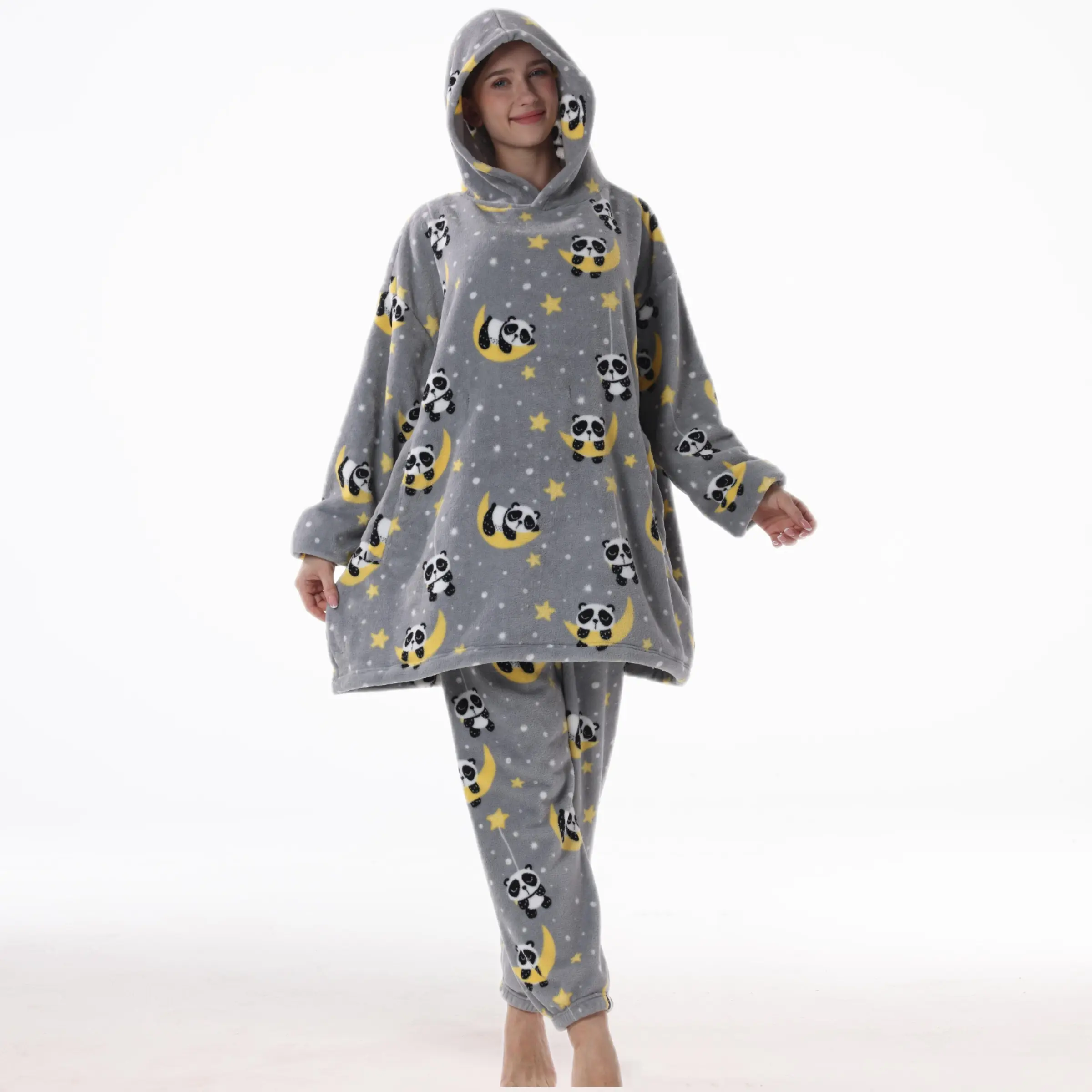 Panda Cartoon Full-Body Print Loungewear Set, Unisex Fall Winter Wearable Blanket, Thick, with Pockets and Large Hat, Essential Homewear