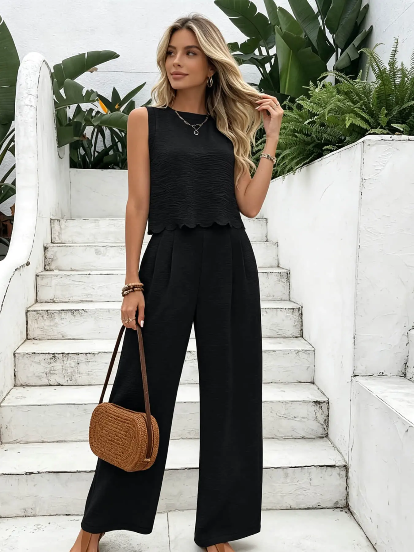 Women's Two-Piece Casual Loose Resort Wear Set with Waves Ruffles Sleeveless Top + Wide-Leg Pants, Perfect for Summer, Ideal for Beachside Getaways, Cafe Visits, Art Gallery Tours, and Light Business Commutes
