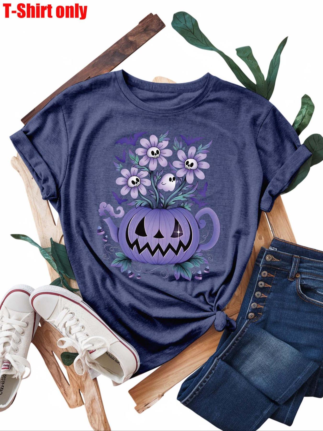 【Plus Size】 Pumpkin & Floral Print Round Neck Tee, Casual Halloween Graphic Short Sleeve T-shirt for Daily Wear, Women Plus Clothing for All Seasons