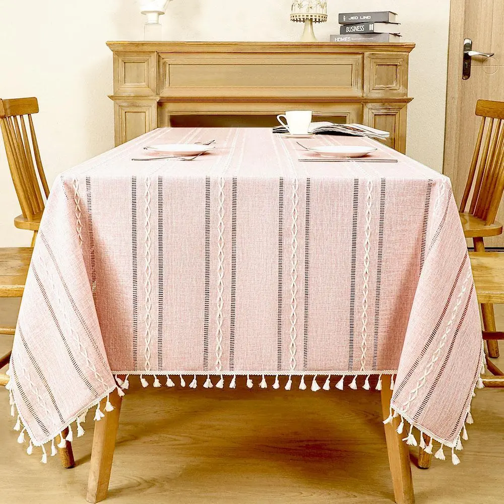 Boho Farmhouse Linen Cotton Blend Tablecloth with Thick Tassel Edge, Machine Washable Wrinkle-Resistant Table Cover for Holiday Parties, Rustic Farmhouse Home Decor - Multiple Sizes, Tassels