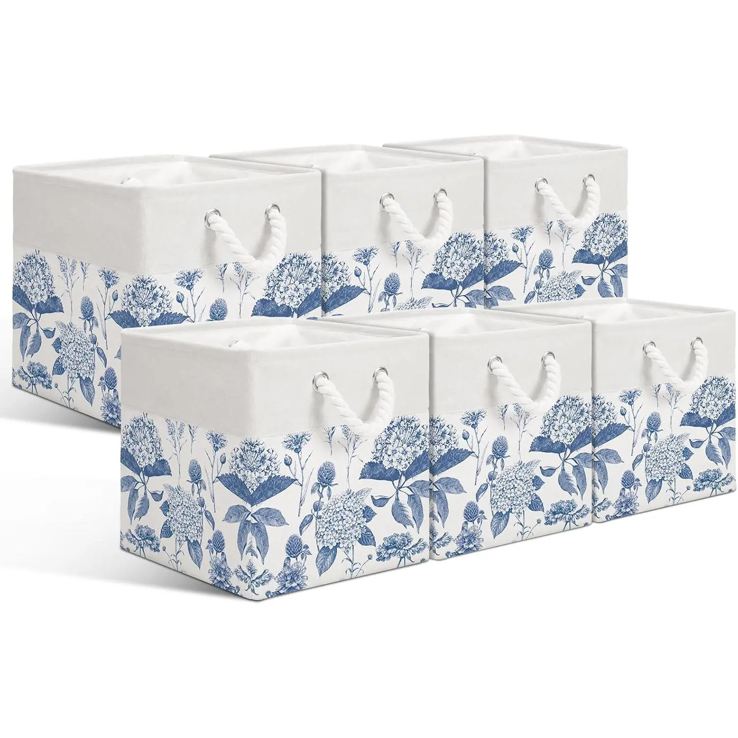 6 count Blue Hydrangea Cube Storage Bins 11.22 Inch Square Storage Basket with Handle, Preppy Girls Organizer Basket, Collapsible Fabric Box for Classroom Bedrooms Office  Decoration
