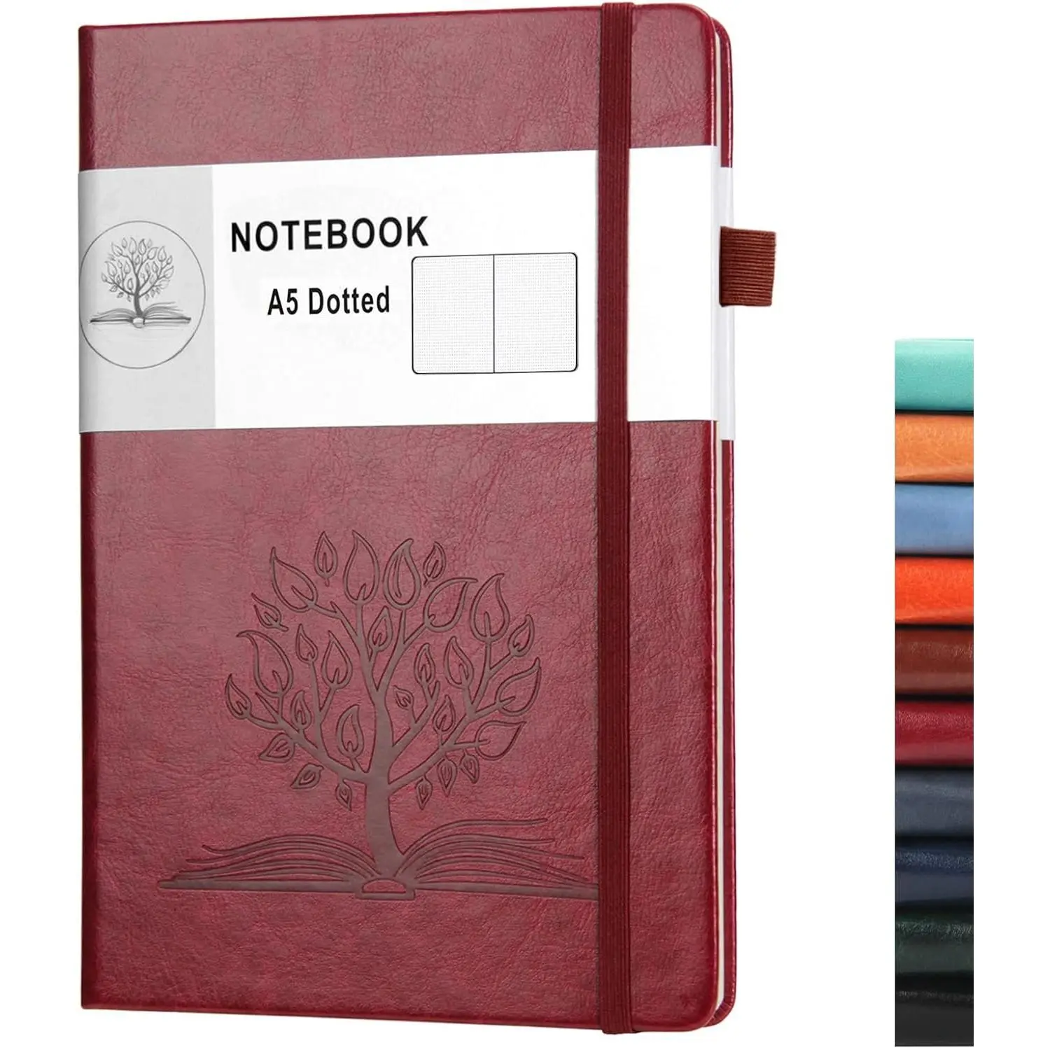 Dotted Journal Notebook with Pen Holder— A5 Leather Dot Grid Notebook with 160 Pages 100gsm Thick Paper, Hardcover Dotted Journal with Pocket for Woman Men 8.4 x 5.7 in ( Red)