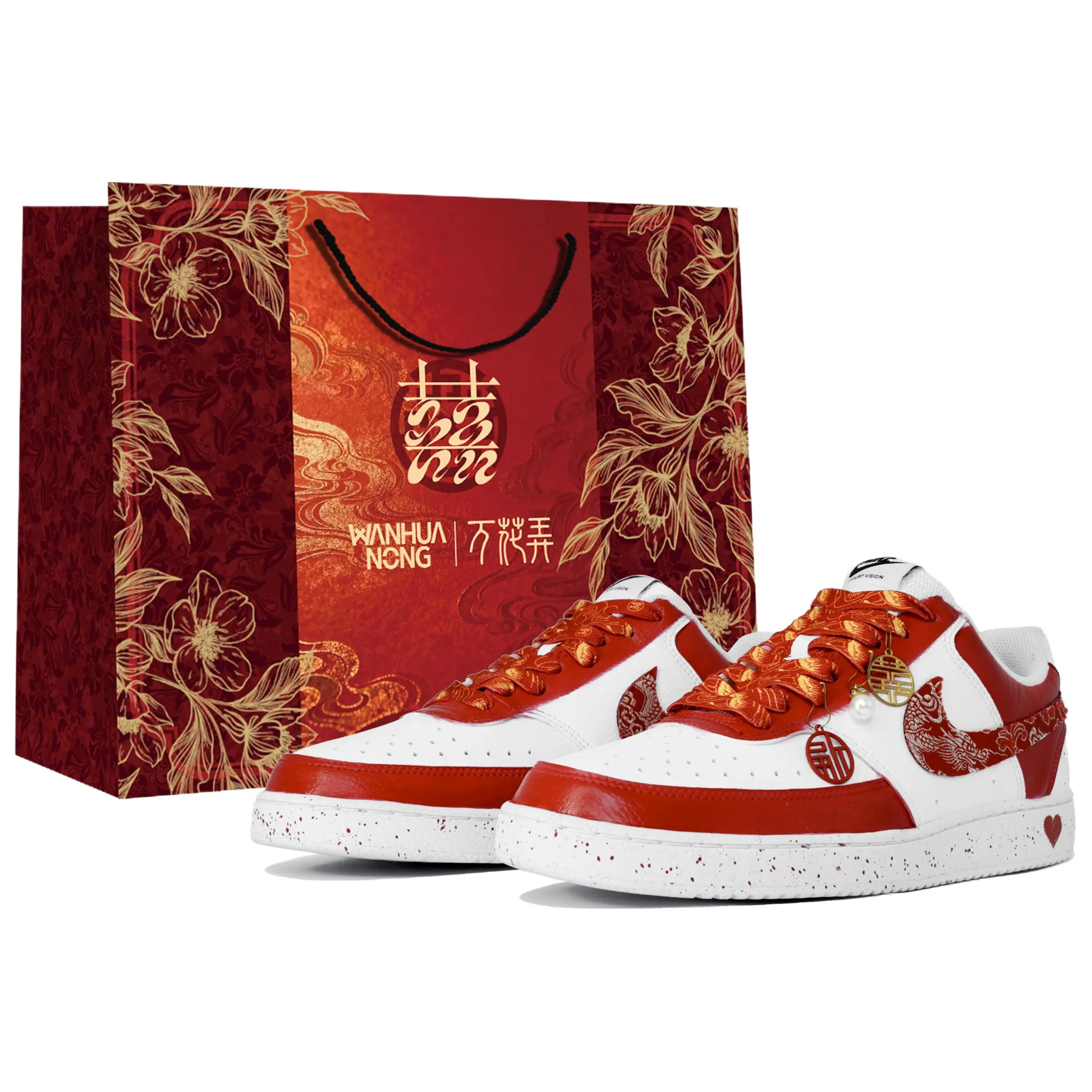 Nike Court Vision 1 Custom Wedding Sneakers for Couples – Red and White, New Chinese Style, Slip-Resistant, Cushioned, Low-Top Verifiable, with credentials and supporting global authentication
