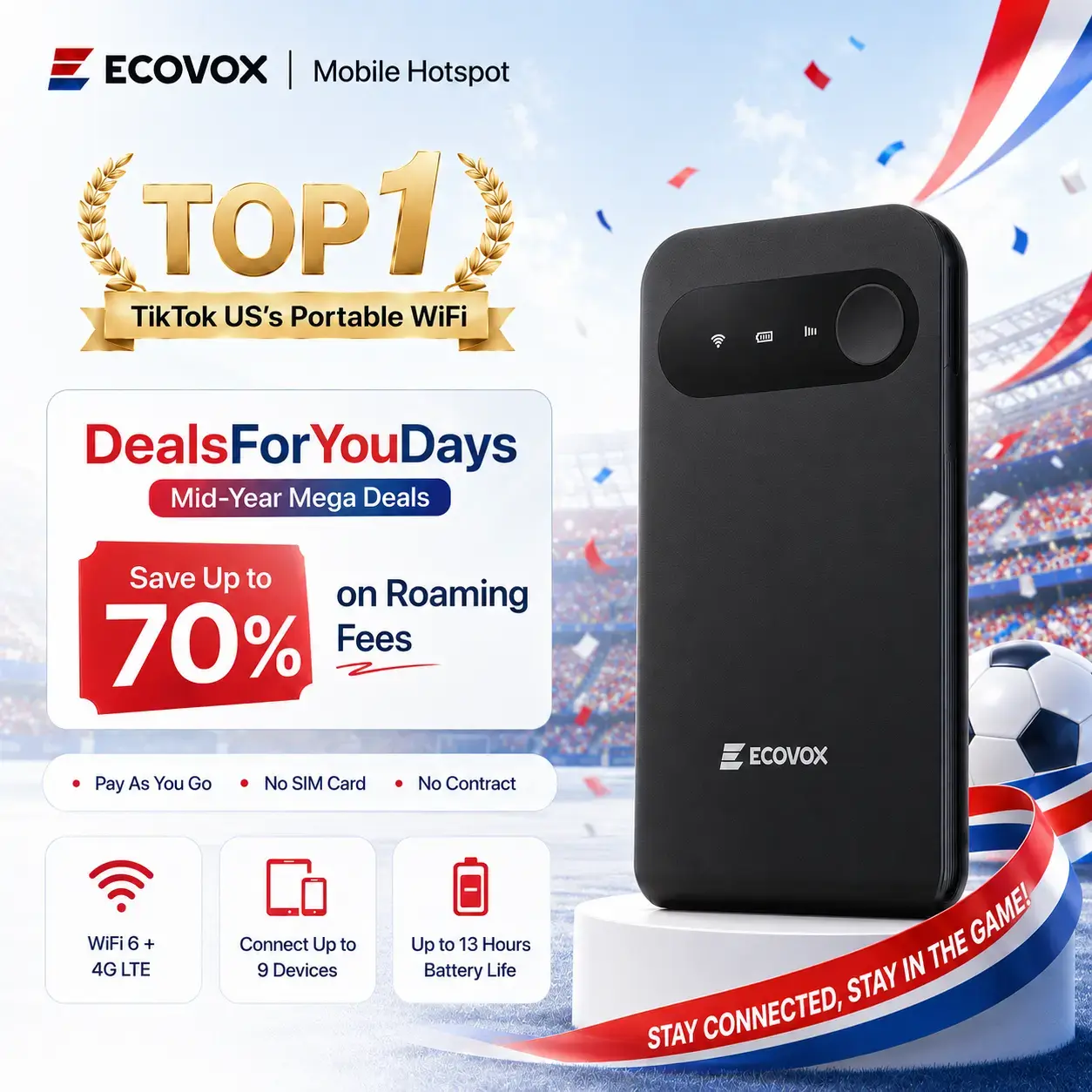 [Deals For You Days]ECOVOX Wireless WiFi Hotspot, 4G LTE Pay-as-You-Go Portable Internet Device, No SIM Card/Contract,  Free 1GB Local Data for Campers 4glte router Mobile user stable easy connection airport rv tinder date rescue