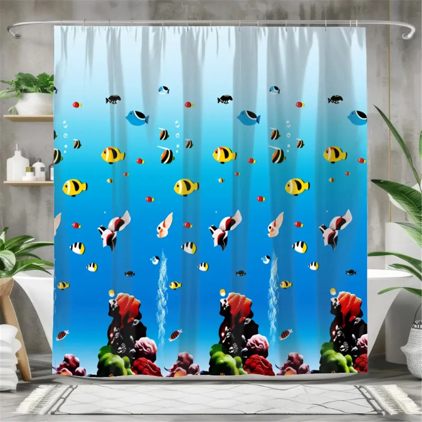 Classic Straight-Hanging Polyester Colorful Sea Fish Coral Pattern Shower Curtain Set - Waterproof Shower Curtain with 12 Hooks, Non-Slip Bathroom Carpet, U-Shaped Toilet Cushion, Toilet Seat Cover, Bathroom Decoration, Ideal Mobile Gift, Bag