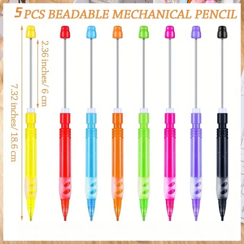 5pcs beadable automatic pencils, beadable items, back to school pens, beadable pencils, mini automatic pencils, drawing pencils with silicone handguards, suitable for writing, drawing, sketching, DIY handmade production