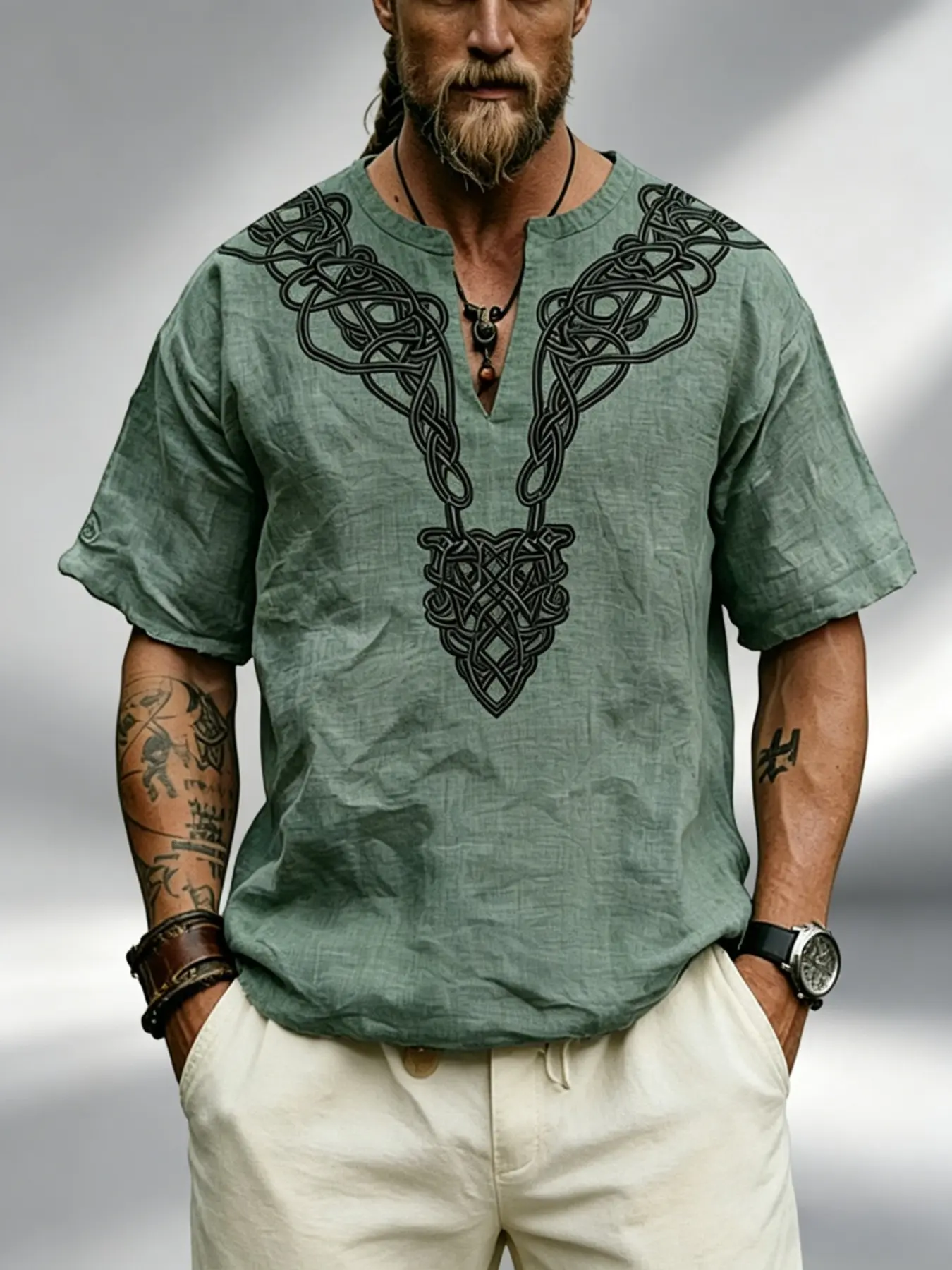 Men's New Summer Retro Vintage Viking Totem Graphic Print Short Sleeve Menswear Shirt, Loose V-Neck Ethnic Casual Streetwear Top, Multi Color Available Niche American Street Style Breathable Tee for Men