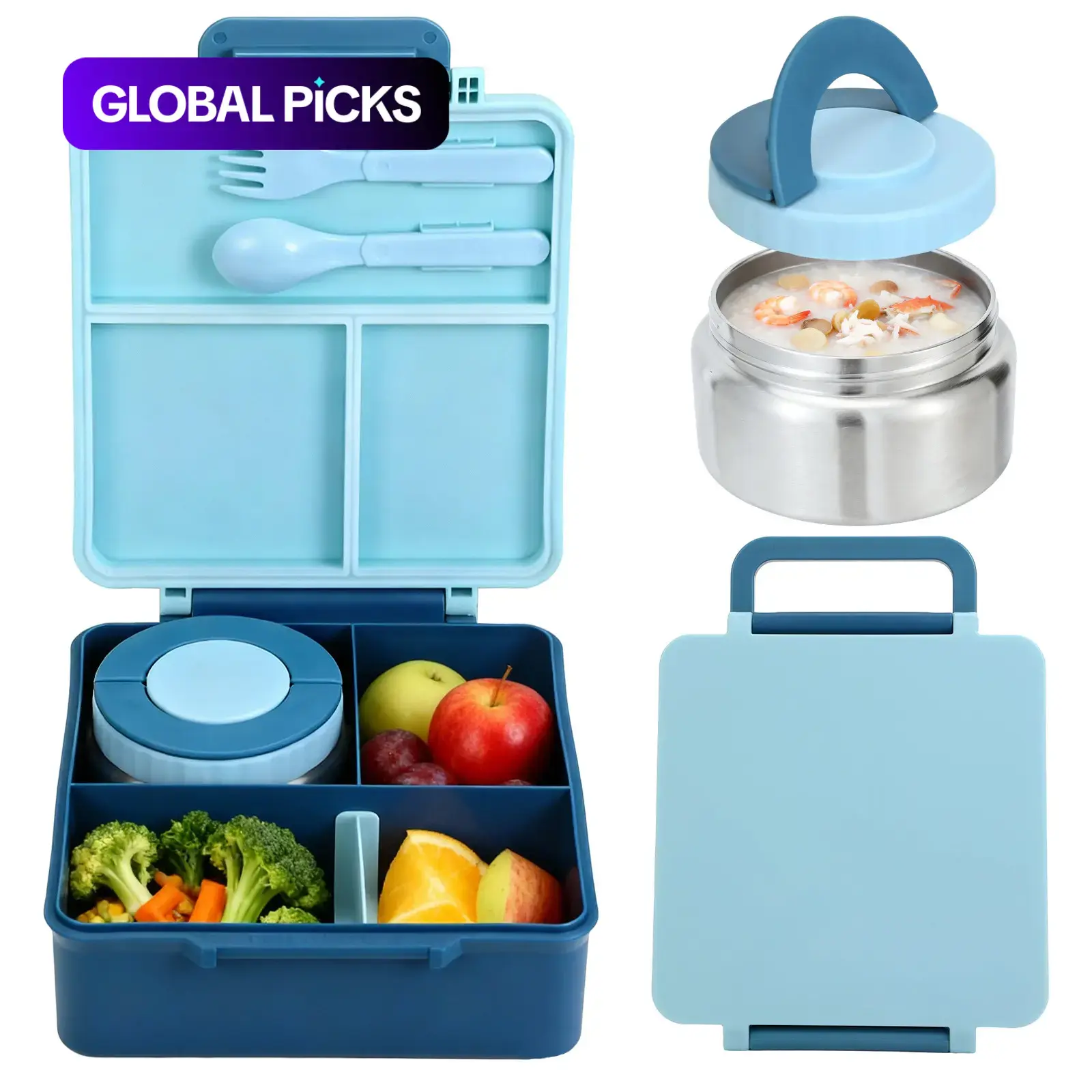 Leakproof Bento Lunch Box with Handle, Portable Bento Box, 4-Compartment Food Container, 8oz Insulated Soup Thermos, Cute Animals Pattern, Ideal for Work or Travel