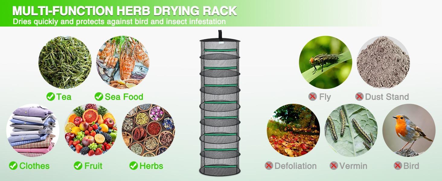 Yesker 8-Layer Hangable Steel Natural Herb Drying Rack, 24" Diameter Foldable Mesh Net with Green Zipper & Hook, Waterproof Dryer with Accessories for Herbs, Grow Tent Use Yesker 8-Layer Hangable Steel Natural Herb Drying Rack, 24" Diameter Foldable Mesh Net with Green Zipper & Hook, Waterproof Dryer with Accessories for Herbs, Grow Tent Use