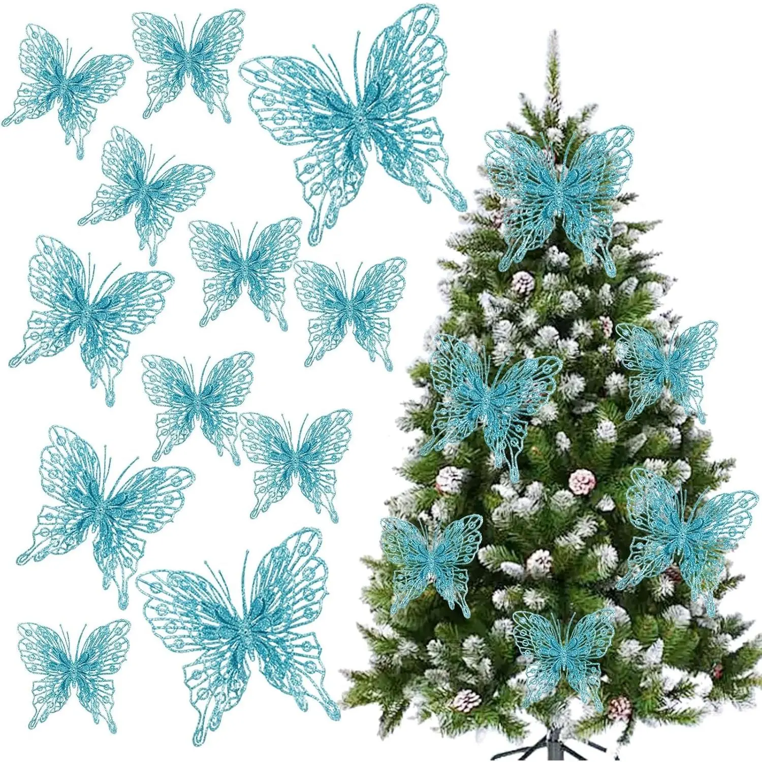 Blue Christmas Tree Butterfly Ornaments Glitter Butterfly Decorations Artificial Butterflies with Clip & Stem for Xmas Party Wreath Garland Decor - 12-Pack 5inch  Hollow Butterflies