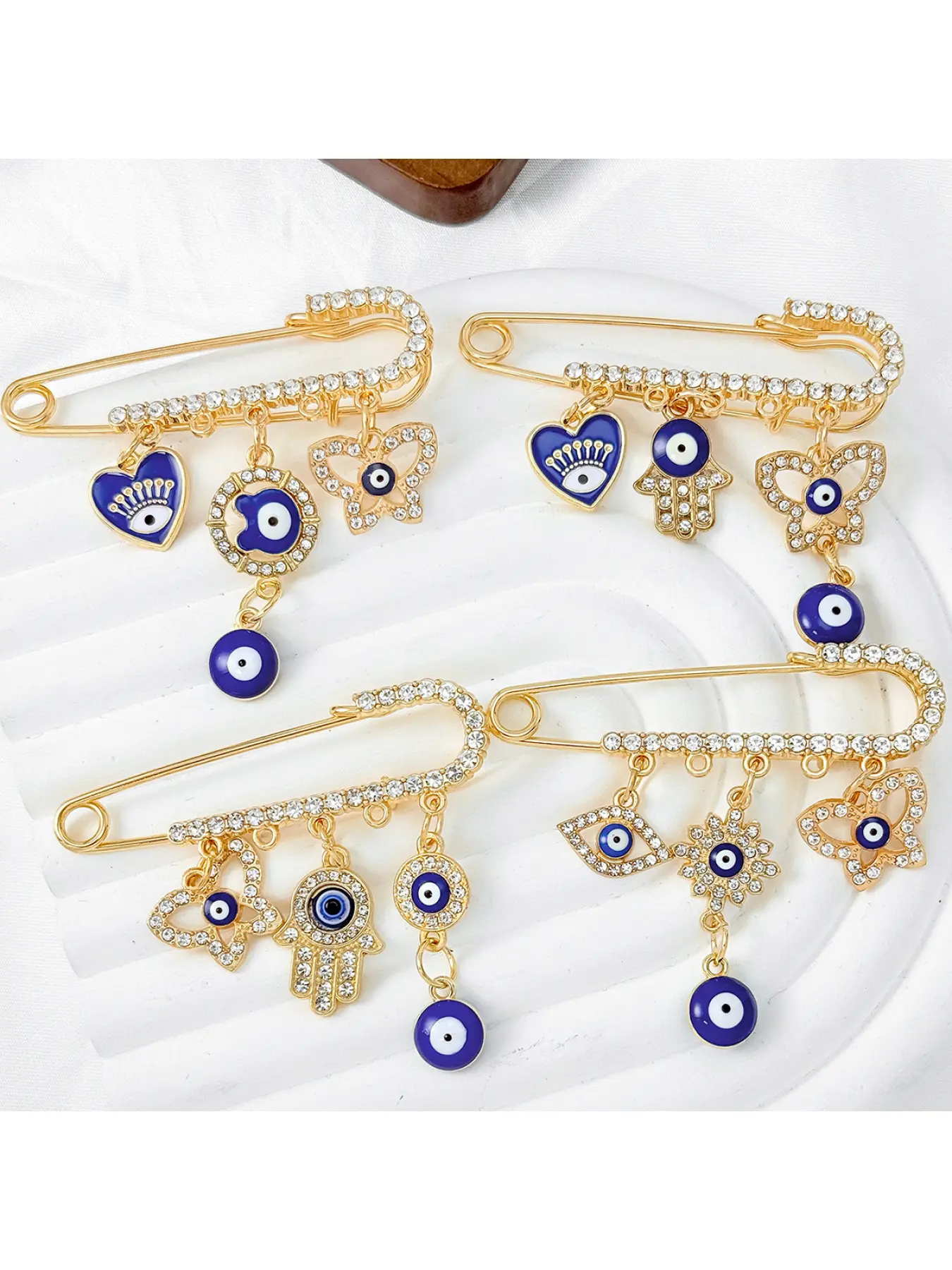 5pcs Turkish Evil Eye Rhinestone Safety Pin, Heart Hand Butterfly Brooch, Lucky Anti-exposure Accessory