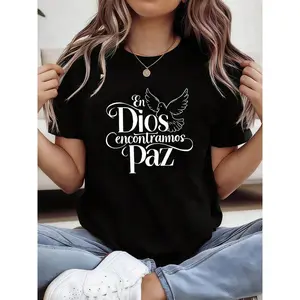 Women's Spanish "En Dios Encontramos Paz" (In God Find Peace) T-Shirt - Tee With Spanish Phrase Print, Casual Round Neck Short Sleeve Blouse For Church Events, Daily Wear & Spanish Learners