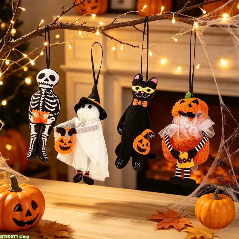 1/4 pcs These adorable, soft, and lightweight mini plush Halloween ghost and pumpkin ornaments feature vivid, lifelike cartoon designs. They can be easily hung on doors, backpacks, or party backdrops, making them versatile decorations perfect for Hallowee