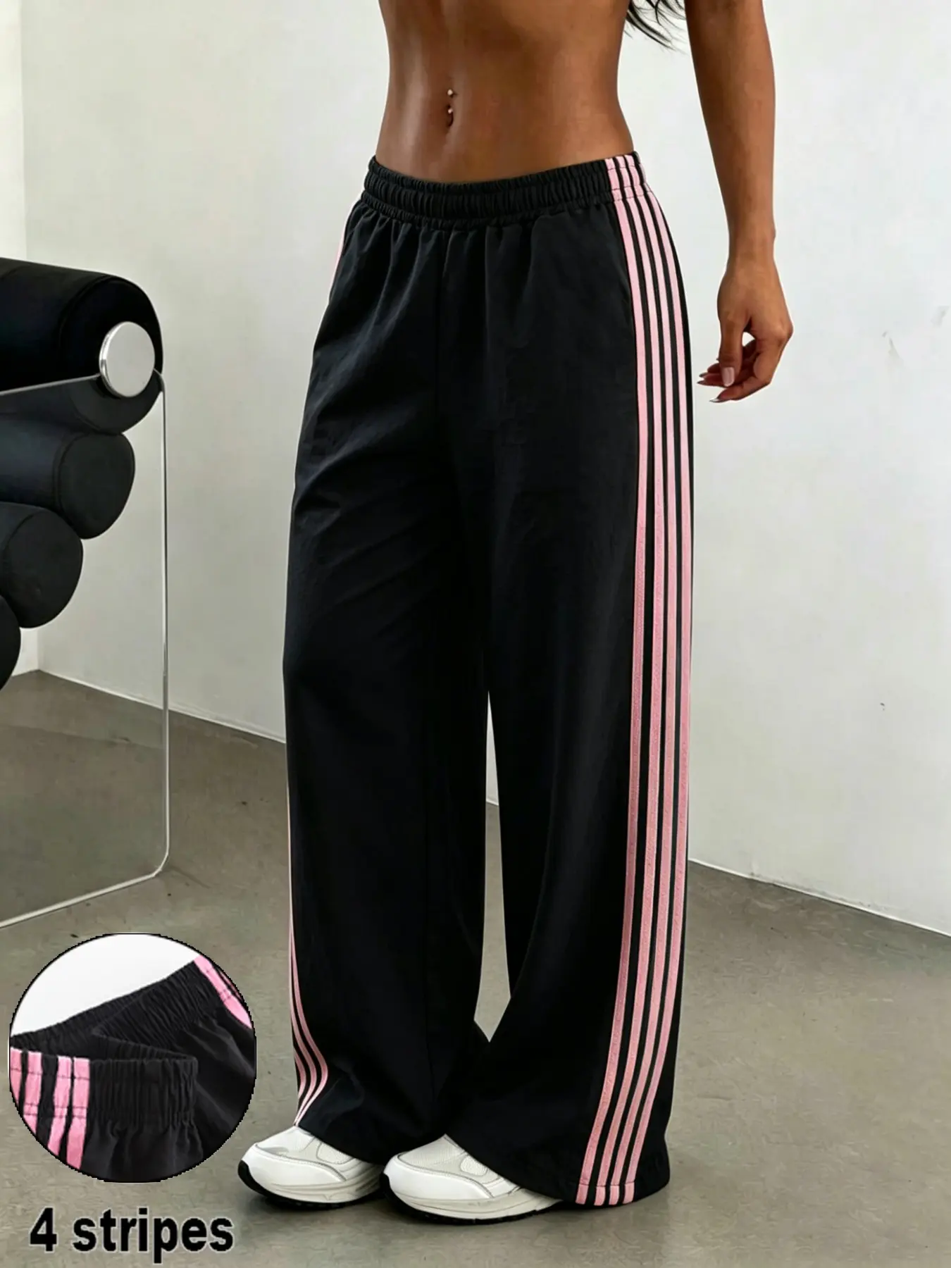 Y2K Style Striped Wide Leg Long Pants, Elastic Waist Lightweight Women's Sporty Jogger, Streetwear Daily Wear, Athleisure Casual Bottoms