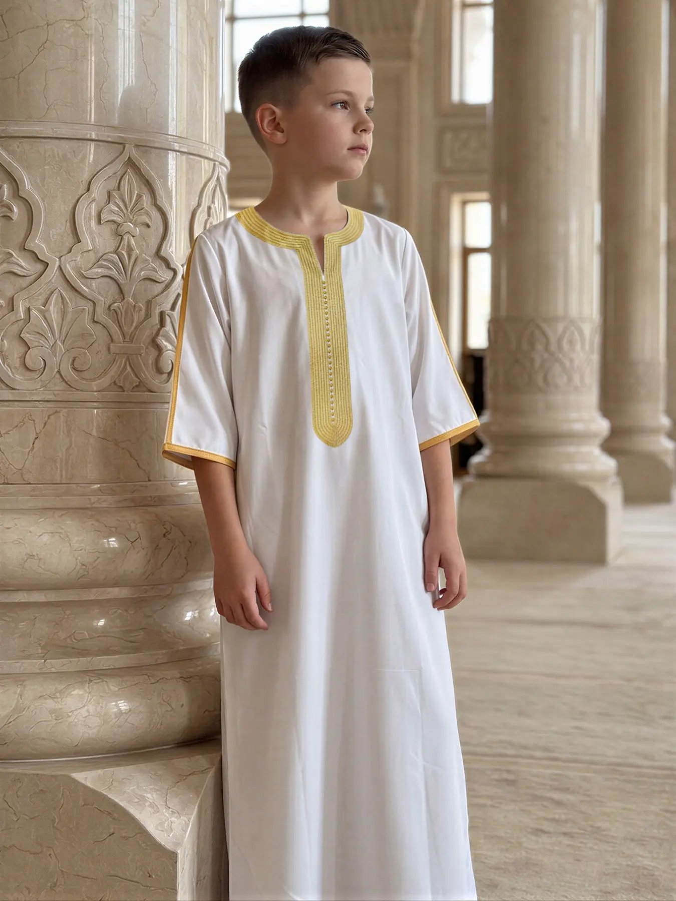 Moroccan Style Boy Thobe, Embroidered V Neck Three Quarter Sleeve, Side Pockets, Perfect for Kids Aged 8-12, Ideal Gift