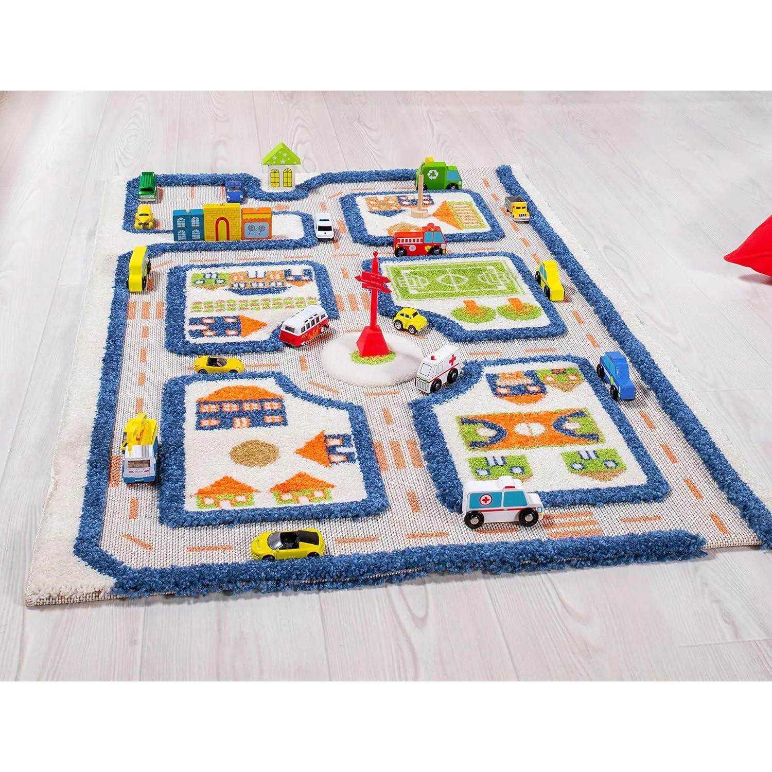 Thick 3D Childrens Play Mat & Rug in A Colorful Town Design  Kids with Soccer Field, Car Park & Roads, Blue, 32 x 45 inches  gym Sensory Gym Play Mat