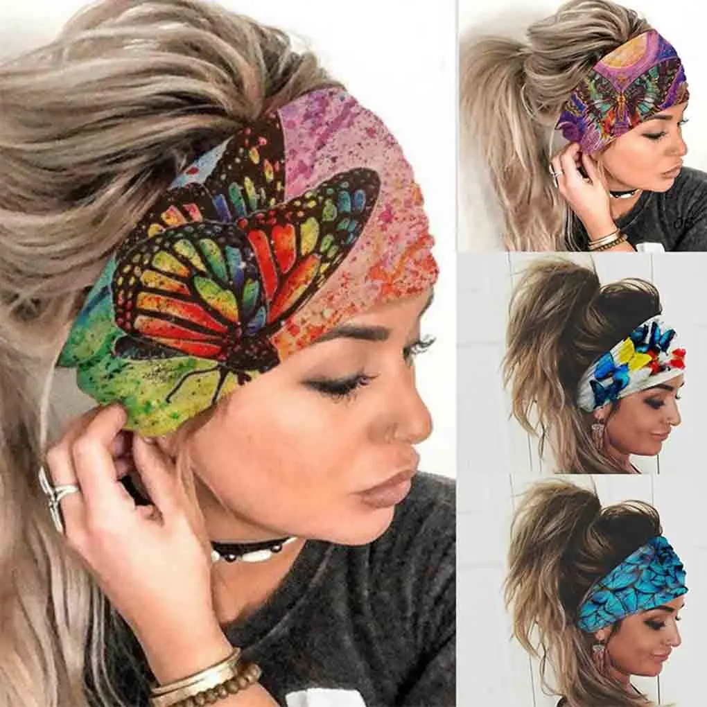 Wide Boho Headbands Headwrap Butterfly Stretch Button Hair Bands Bandana Yoga Running Athletic Turban  Bands  Scarfs Hair Accessories for Women 4 count (Boho)