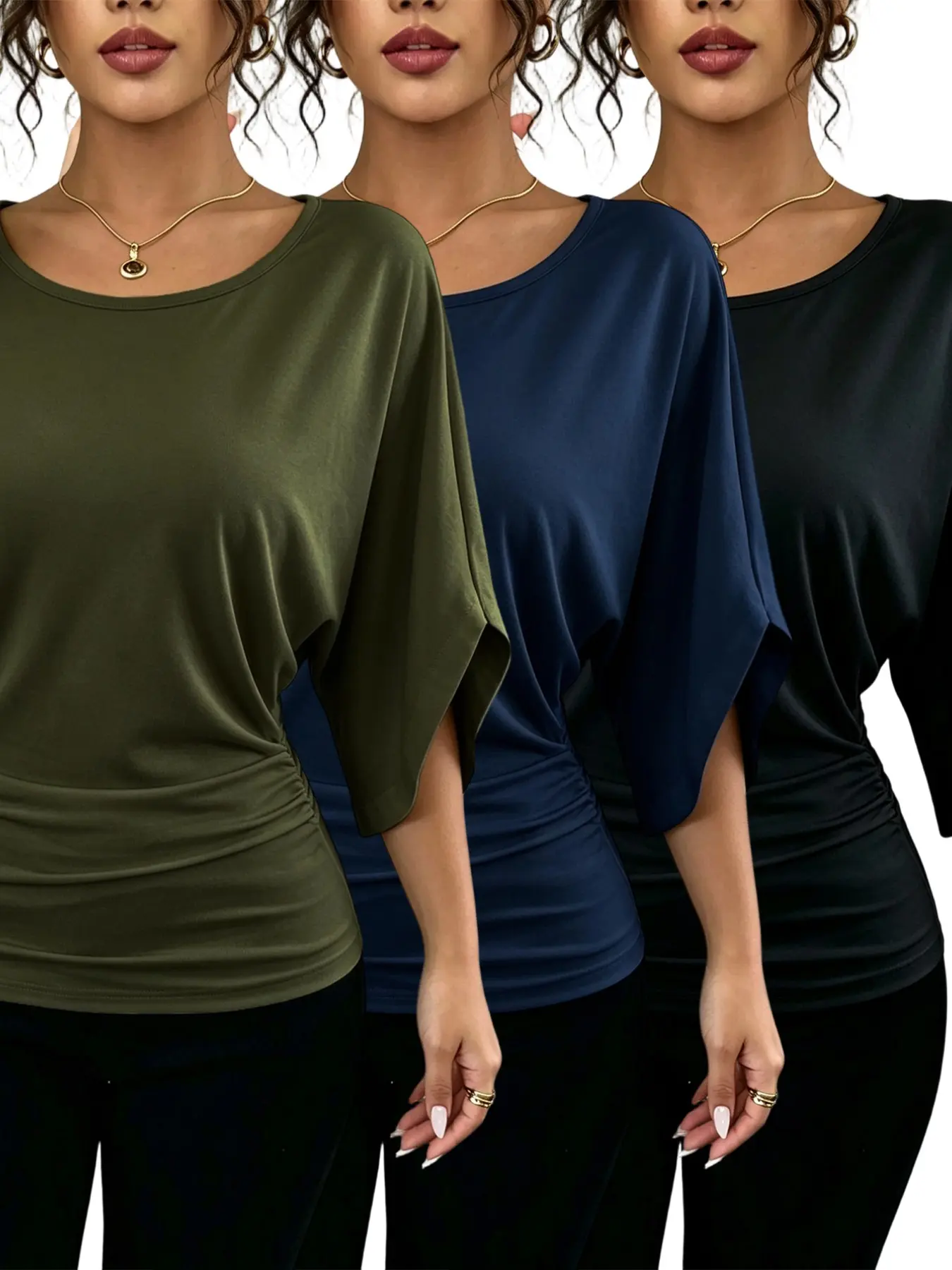 Women's Ruffle Batwing Sleeve Slim Fit T-Shirt, Casual Summer Top, Plain Round Neck, Elastic Waist, Multi-Color Options