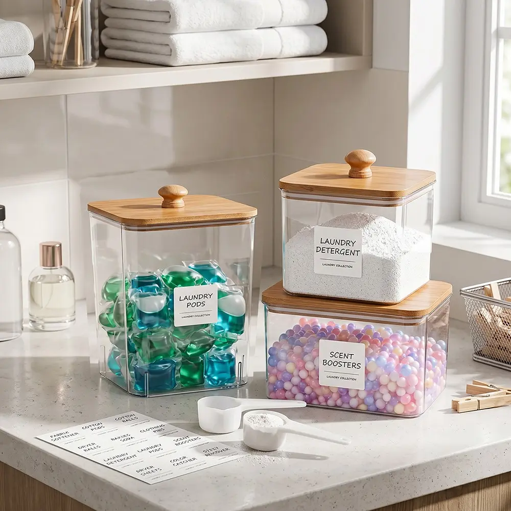 Laundry Plastic Storage Containers, 3 PCS Washing Powder Storage Laundry Room Organizer Laundry Jars with Lids Labels and Scoops Clear Dryer Sheet Holder for Washing Pods Powder Scent Booster