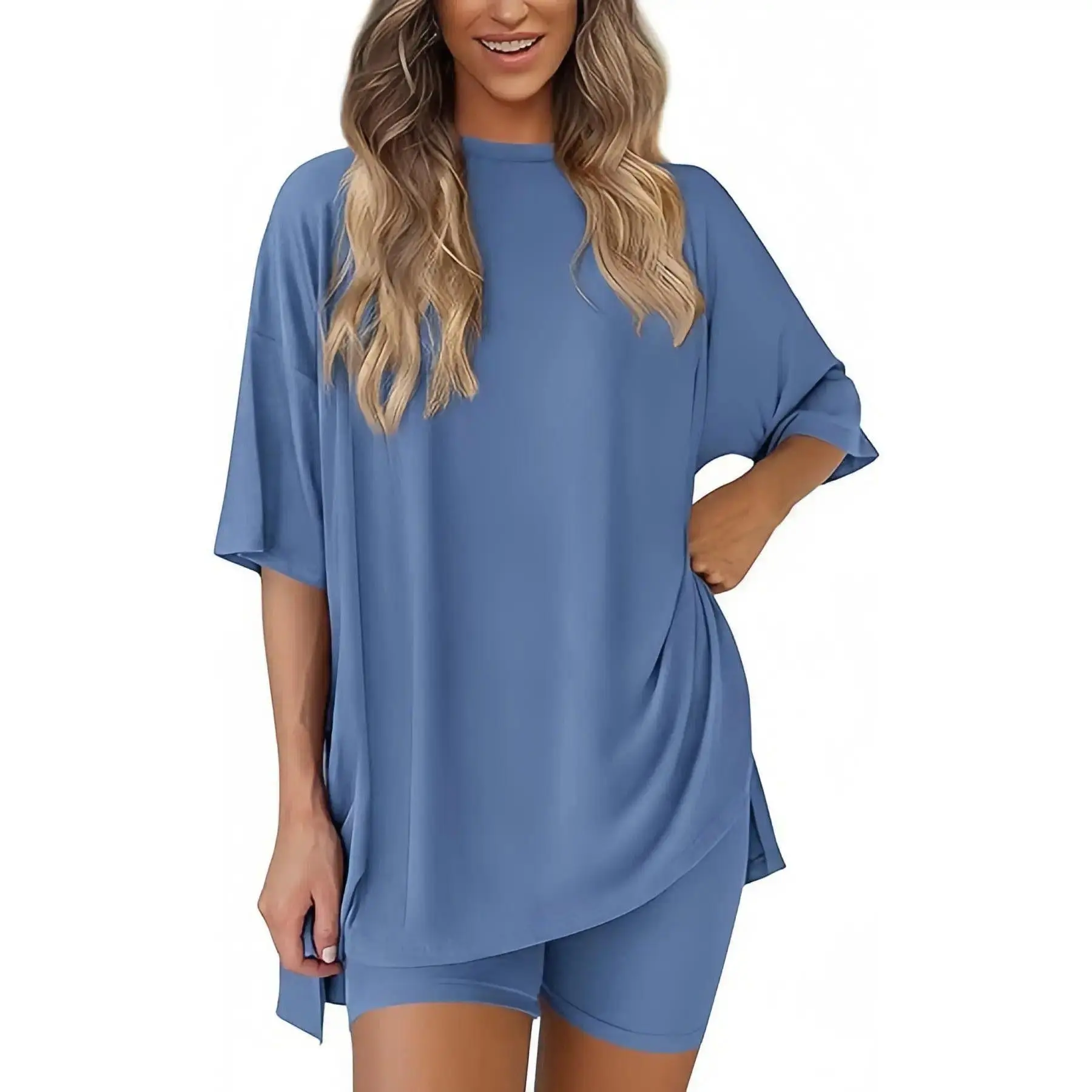 Casual Loungewear Two-Piece Set, Round Neck Short Sleeve Tee + Split Biker Shorts, Oversized Ultra Soft Daily Wear, Plus Size Available S-3XL