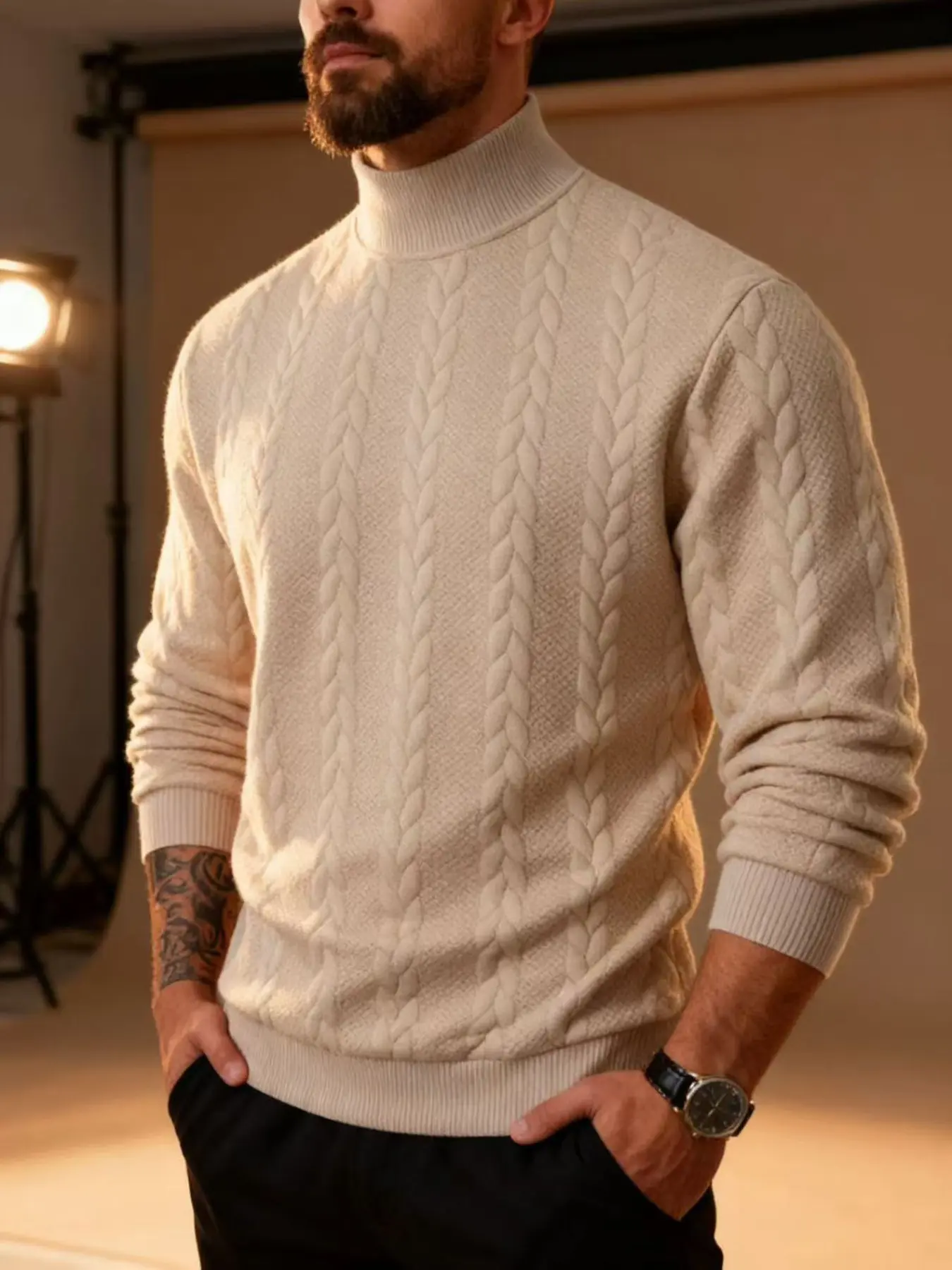 Men's half-neck vertical stripe cable-knit sweater, Long Sleeve - textured casual sweater with cozy, comfortable fit. Suitable for casual commutes and daily wear, worn as inner or outer layer, versatile