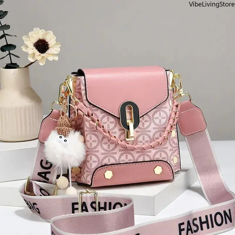 Women's Checkerboard Pattern Crossbody Bag - Mini Square Nylon Flap Purse with Braided Handle, Adjustable Wide Strap & Pom Pom Charm, Checkerboard Pattern Bag, Crossbody Bags