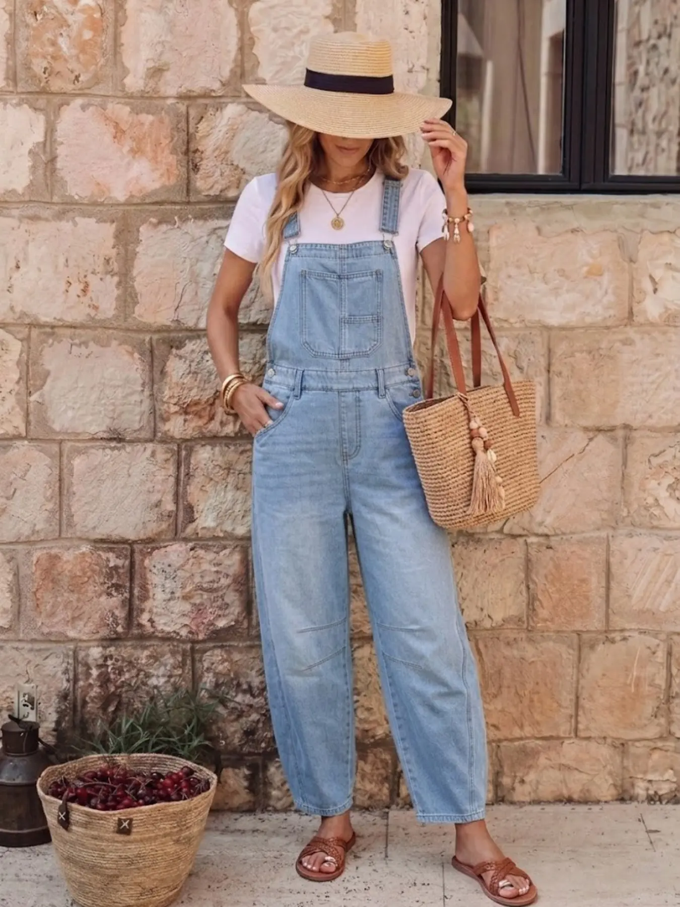 Women's Light Blue Washed Denim Overall Pants, Loose Straight Leg, Multi-Pocket Design, Ideal for Rural Travel, Outdoor Activities, Street Style