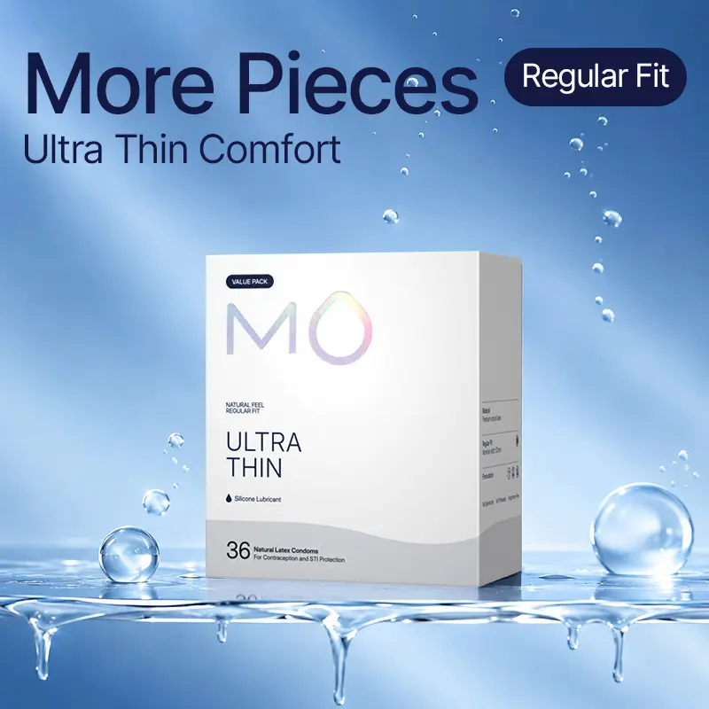 MO Ultra Thin 100% Natural Latex Condoms for Men Value Pack (36 Count) - 0.04mm Silicone-Enhanced Sensation, pH Balanced Formula, Regular Fit, Soft, Smooth Surface, Secure Wear, Universal Size
