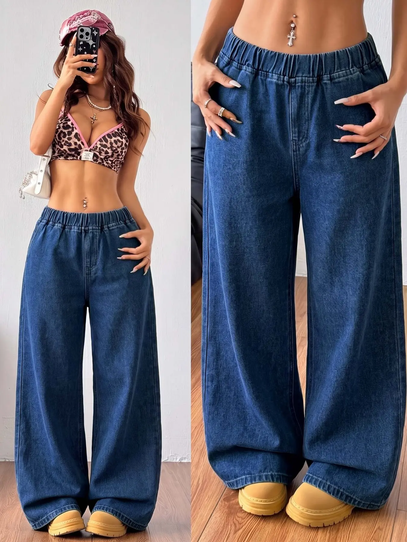 Women's Deep Blue Woven Lightweight Denim Jeans, High Waisted Jeans, Loose High Waist Wide Leg Casual Style, Comfortable Daily Wear, All Seasons Pants