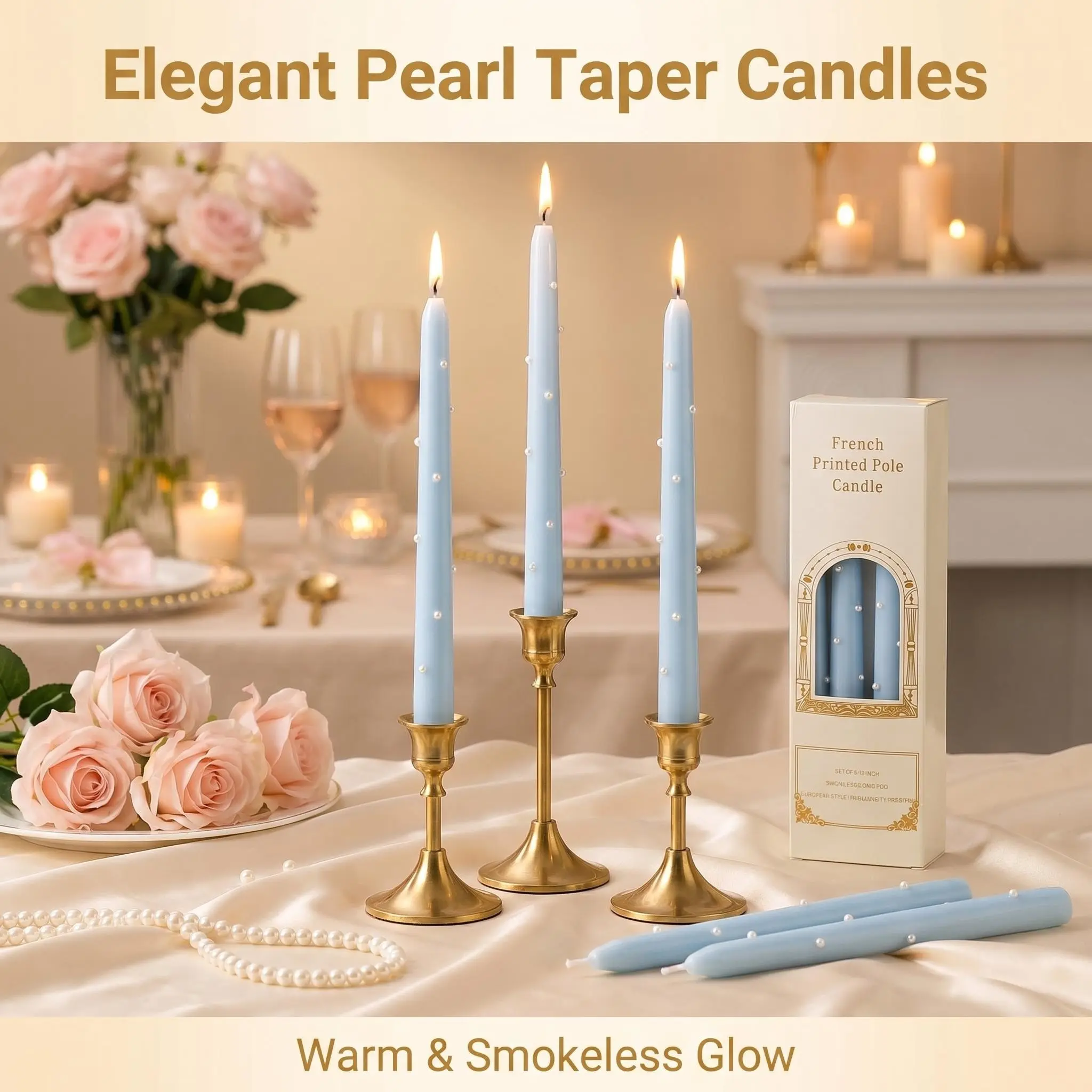 4-Pack/8-Pack 10-Inch Blue Pearl Long Stick Smokeless Soy Candles, Wedding Table Decor, Romantic Dinner Atmosphere, Gift Idea