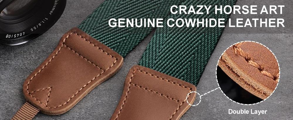 L-WCP012   Black Striped Camera Strap - 1.5" Wide Vintage Crazy Horse Cowhide Head Cotton Straps,Adjustable Neck Shoulder Woven Camera Straps for All DSLR Cameras and Photographers Christmas gift