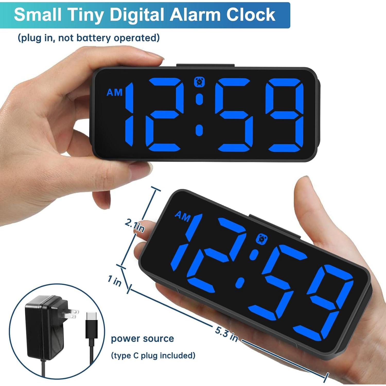 Small Digital  Clock Plug in for Bedrooms Bedside,  Electric Clock Large Big Numbers Display with  Backup for Desk Table, 6 Dimmers, 5 Adjustable  Volumes (Blue)