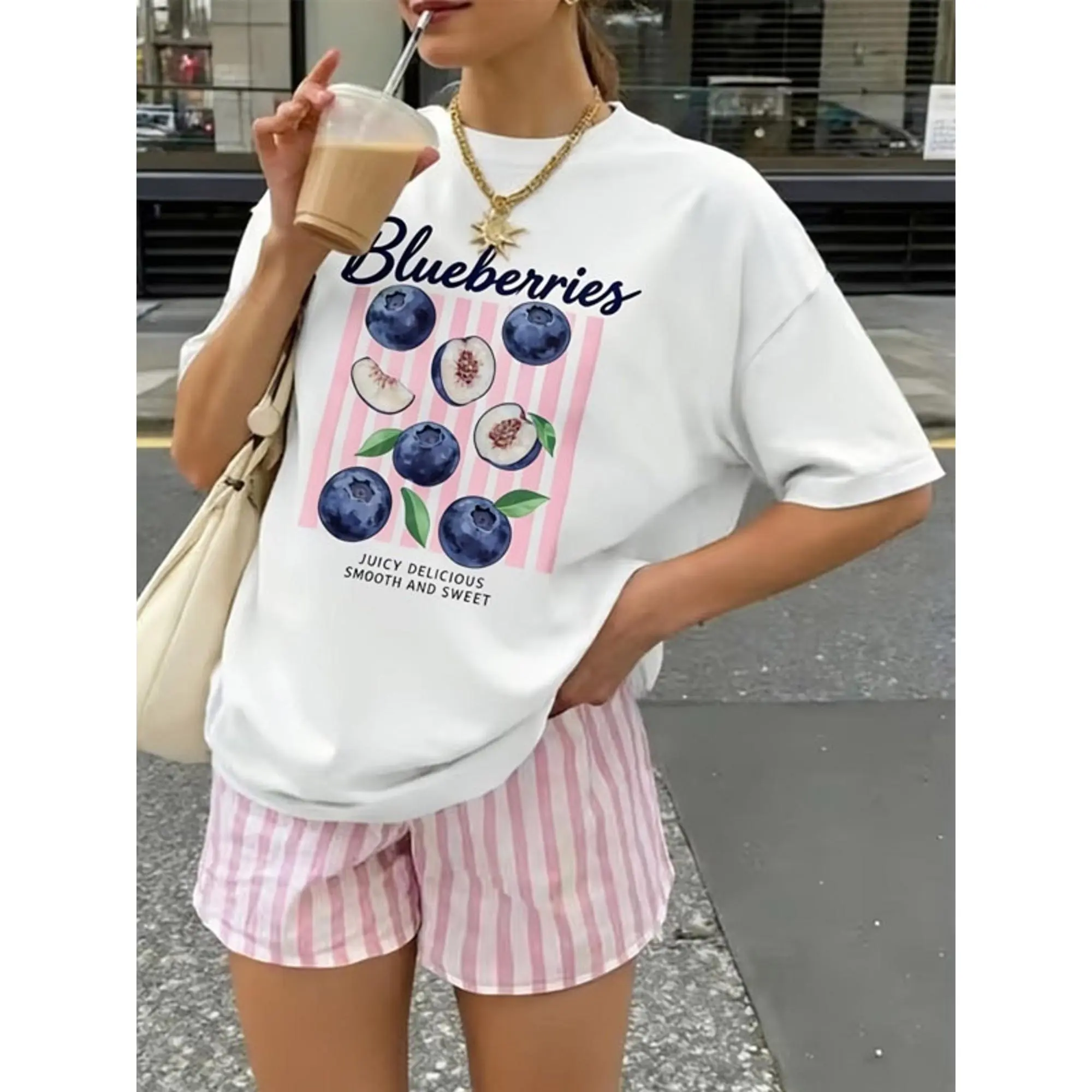 Vintage T Shirt Graphic T Shirt Oversized T Shirt Heavyweight T Shirt Women'S Oversized T-Shirt, White Blueberry Graphic Print with Quote Design, Short Sleeve Casual Top in Multiple Specifications Available king message golf gift t-shirt