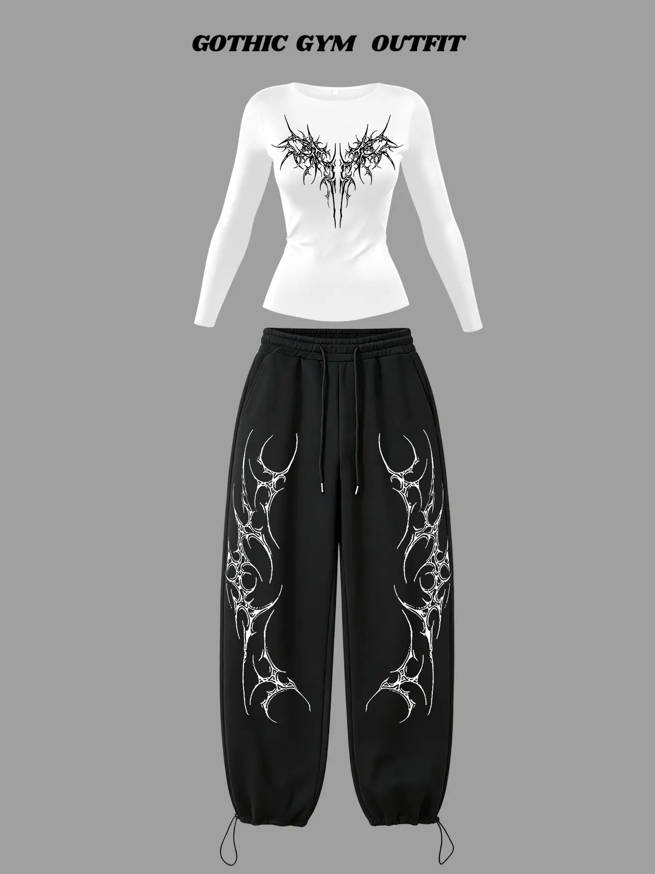 Women's Gothic Casual, Slim Fit Round Neck Top + Drawstring Cargo Pants, Punk Style, Ideal for Daily Wear & Leisure Sports