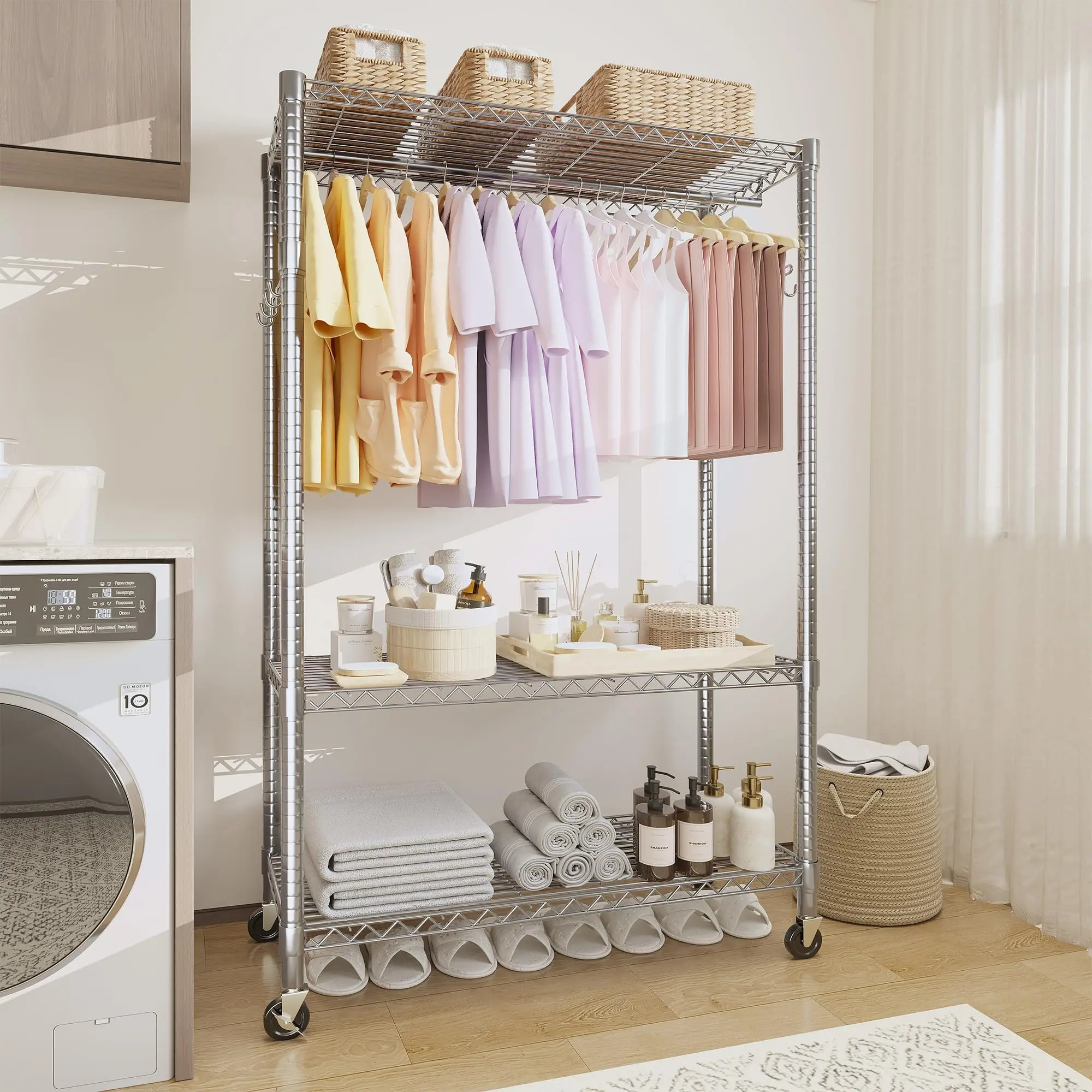 Heavy Duty 3-Tier Rolling Clothes Rack, Adjustable Shelves, Freestanding Open Wardrobe with Single Hanging Rods, Rolling Garment Rack with Side Hooks, 315KG Capacity Coat Rail, 45.2" x 15.8" x 75.7"