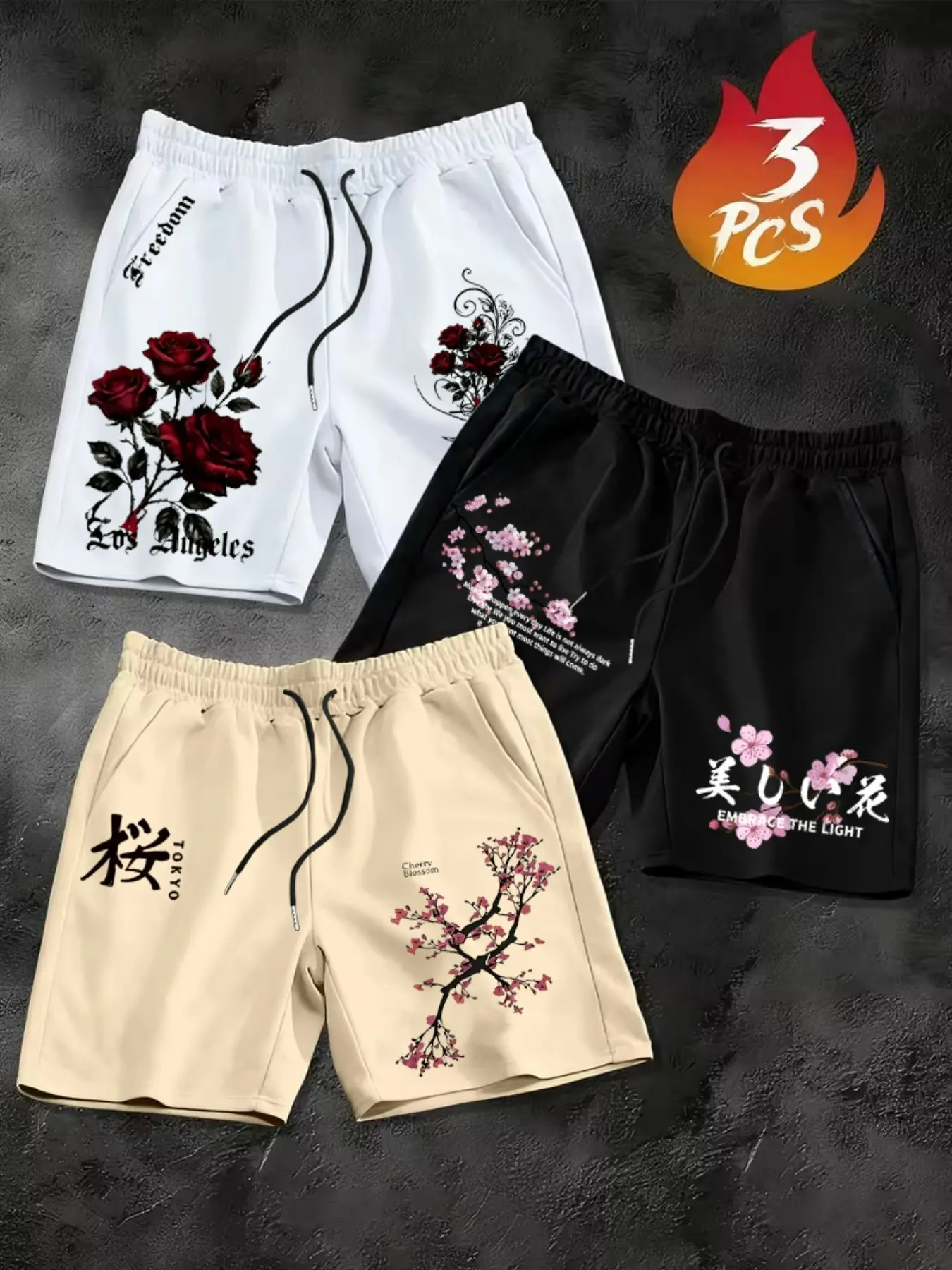 3-Pack Men's Summer Casual Loose Shorts, Rose La Letter & Cherry Blossom Japanese Text Pattern, Ideal for Sports, Fitness, Daily Wear