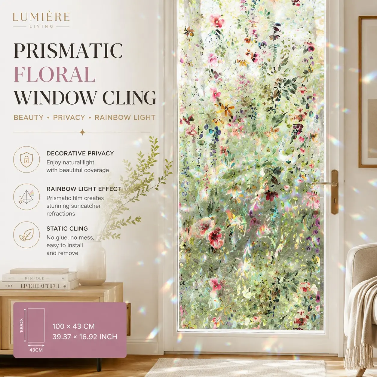 1 Pc Floral Static Cling Window Film – 3D Rainbow Prism Window Sticker, No-Glue Decorative Glass Film, Wildflower Window Decal, Removable Sun Catcher Film, Reusable Window Covering and Privacy Glass Sticker, Flower Window Clings