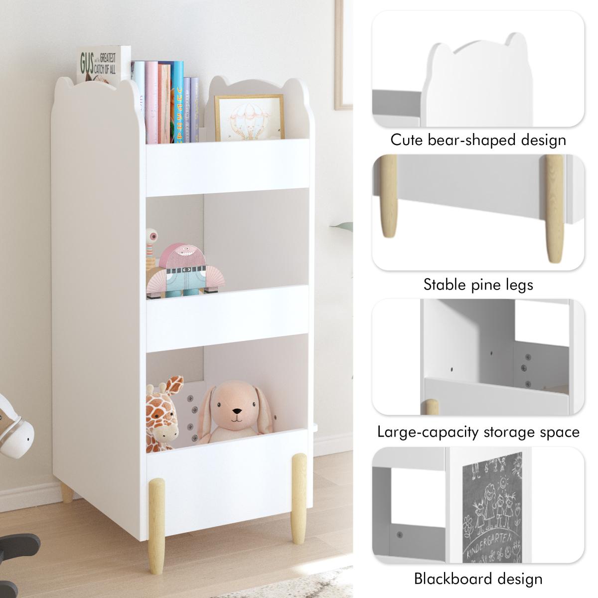 Kids Bookshelf with Chalkboard Side – Bear-Shaped Wooden Bookcase with 3-Tier Storage, Drawing Board for Toddlers, Toy and Book Organizer for Playroom or Bedroom – White