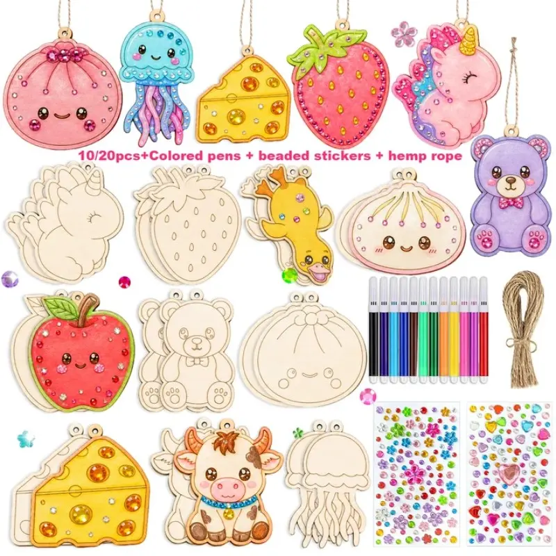 DIY Wooden Ornaments Craft Kit, 10/20 Pcs Blank Wood Cutouts, Fruit Animal Shapes, Color Pens, Rhinestones, Jute Rope, Christmas & Halloween Decor