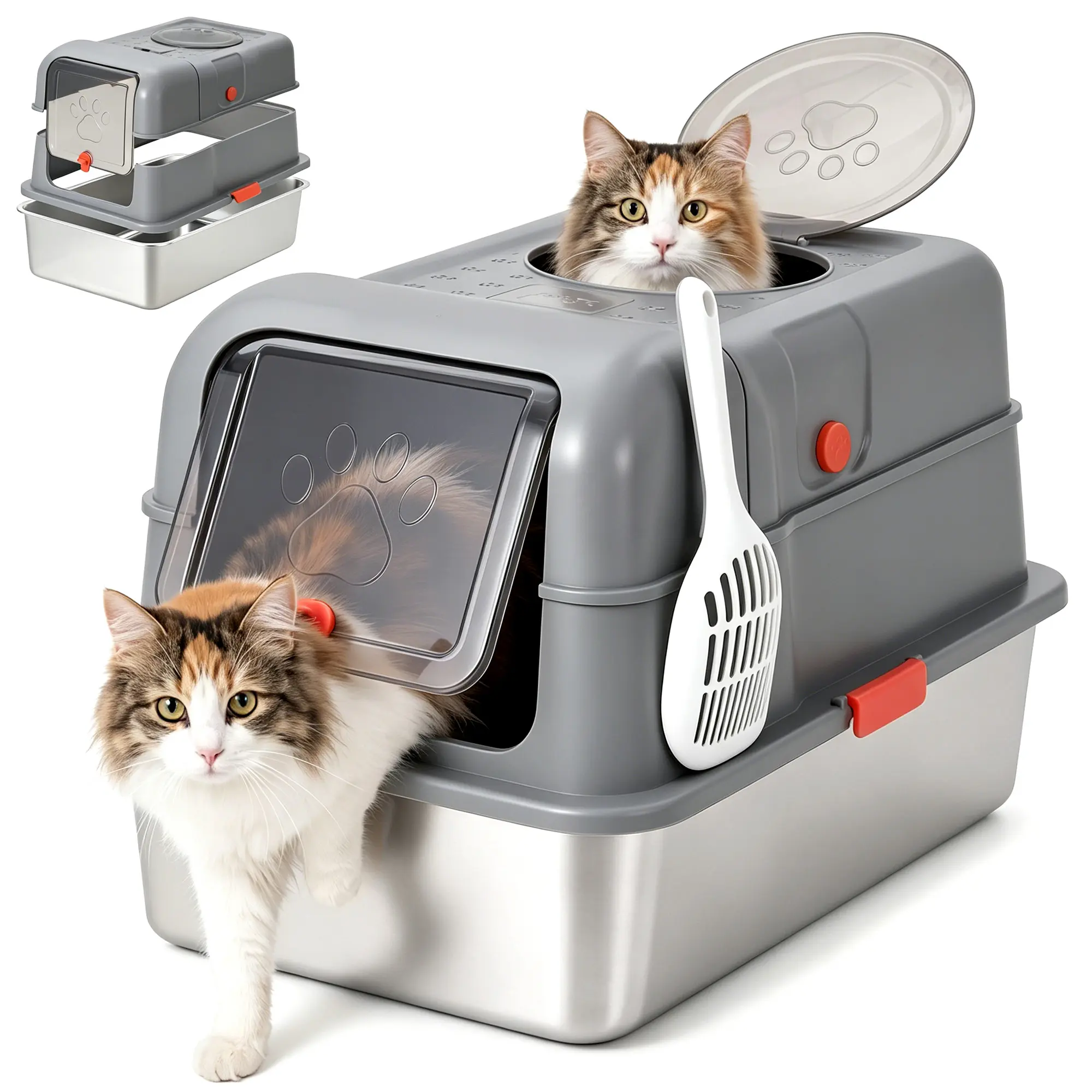 Stainless Steel Cat Litter Box with Lid – Front Entry & Top Exit, High Sided Enclosed Design, Dog-Proof & Leak-Proof for Large & Multi-Cat Homes