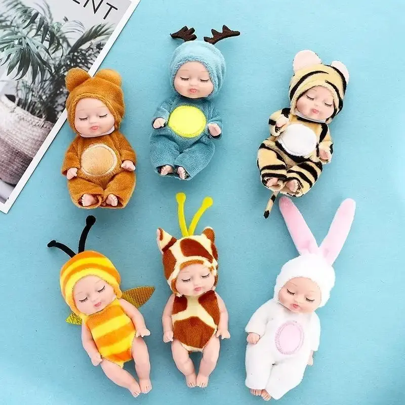 6-Piece Set Cute Animal Dolls, Washable PVC Material, Lifelike Realistic Newborn Baby Dolls with Clothes and Hats, Halloween Christmas Easter Gifts