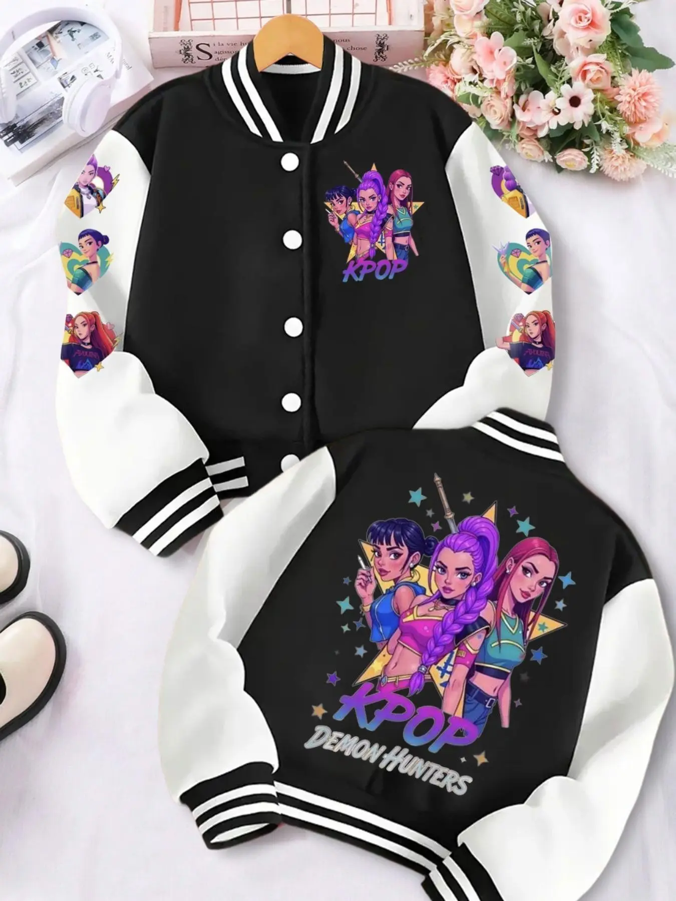 Girls' Cartoon Print Baseball Jacket, Casual Sporty Outerwear, Elastic Fabric, Perfect for Outdoor Activities, Fall Winter Halloween