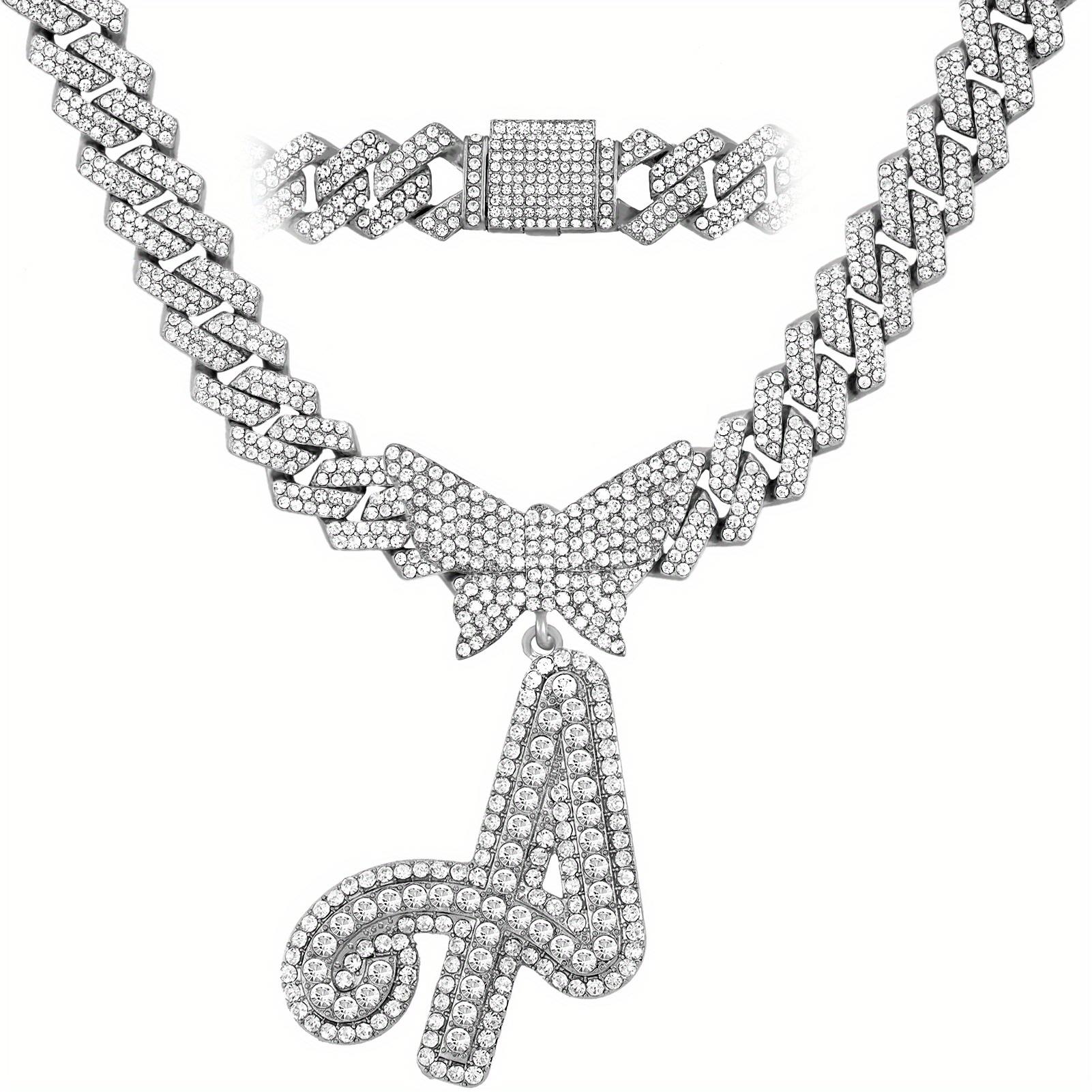 Iced Out Bling Butterfly Letter Pendant Necklace For Women AAA Rhinestone Paved Prong Cuban Chain Initial Necklaces Punk Jewelry
