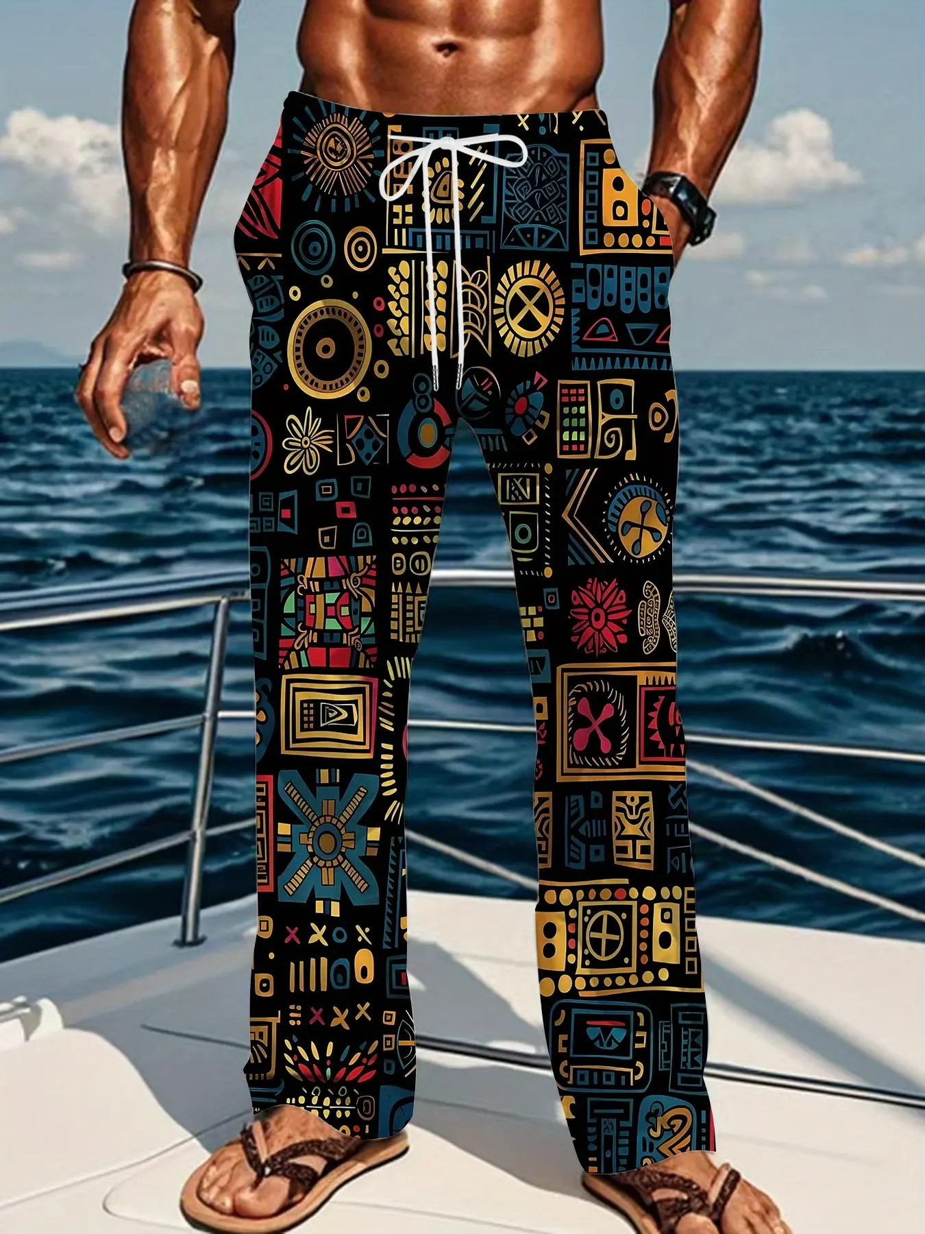 Men's Ethnic Geometric Print Casual Long Pants, Vintage Totem Full Print Drawstring Straight Leg Pants, Soft Fabric, Trendy Beachwear