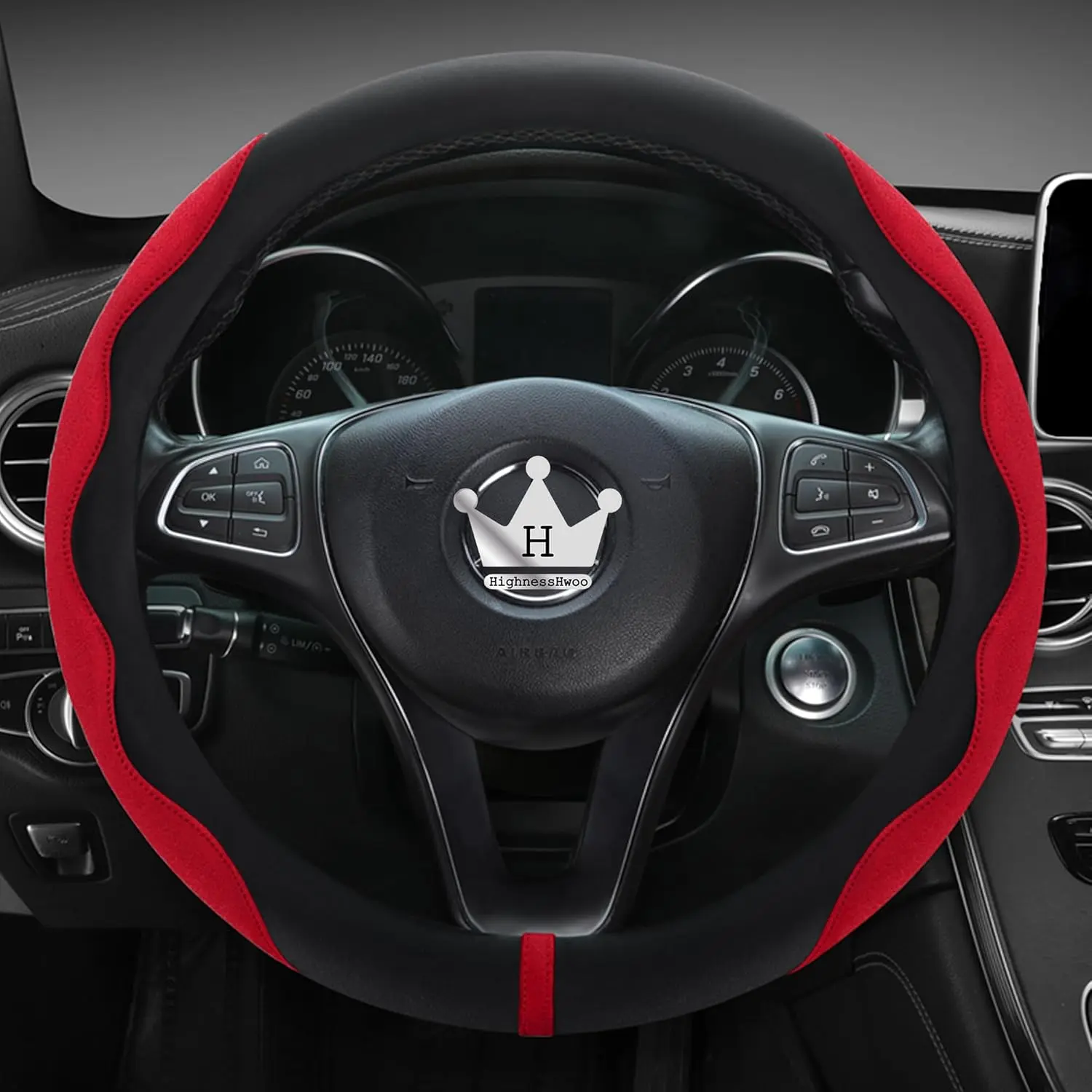 HighnessHwoo Luxury Alcantara Leather Steering Wheel Cover, Soft Touch Padded Anti-Slip Grip for Sedans/SUVs, Thin Universal 14.75-15.15in Car Handle Cover, Red