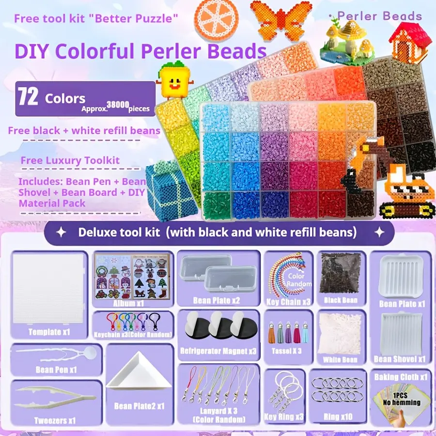 Fuse Beads 38000 Pieces, Melty Beads in 72 Colors, 2.6mm Iron Beads, Compatible with Perler Beads Hama Beads, Ideal for Art Crafts, DIY Beads