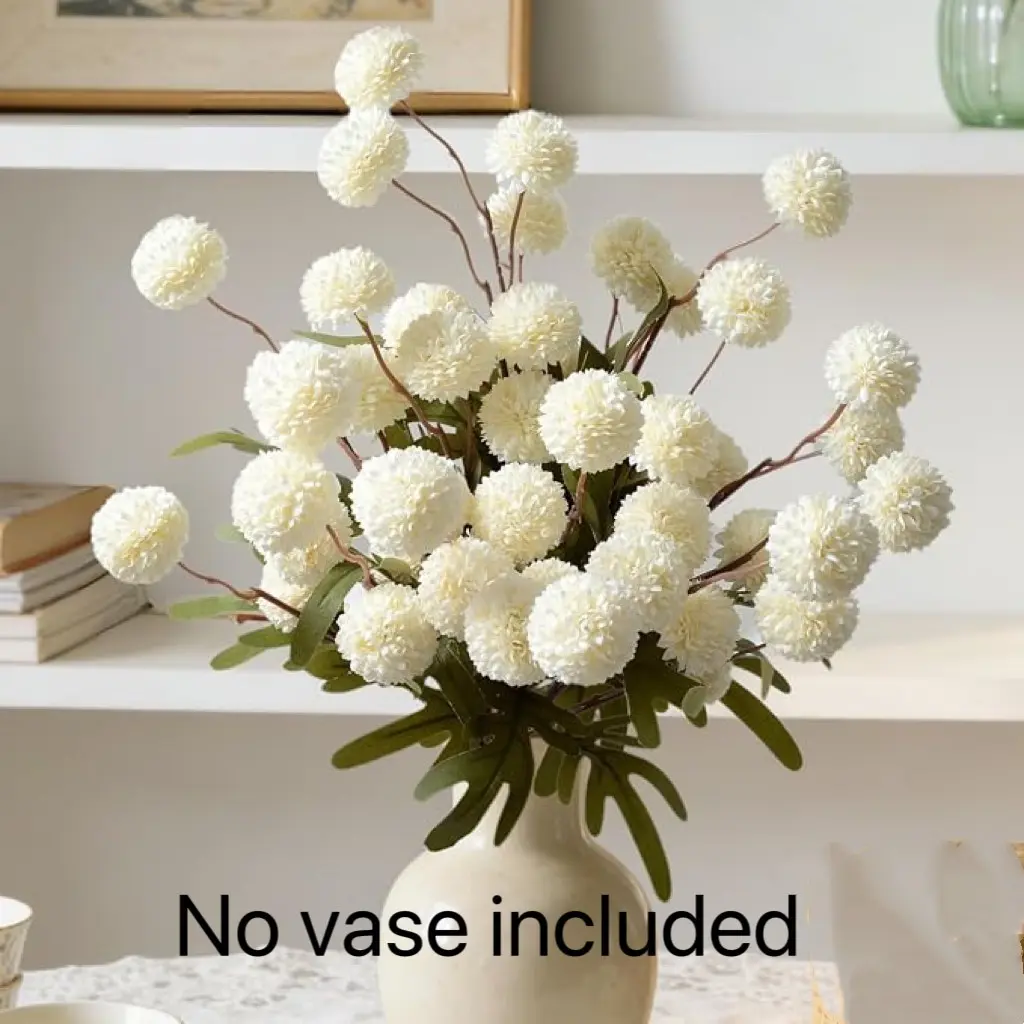 10 pieces of white artificial chrysanthemum flower arrangements, 5 flower heads with long stems made of artificial silk in the shape of spherical flowers. These artificial flowers are suitable for flower vases, weddings, and interior home decoration (excl