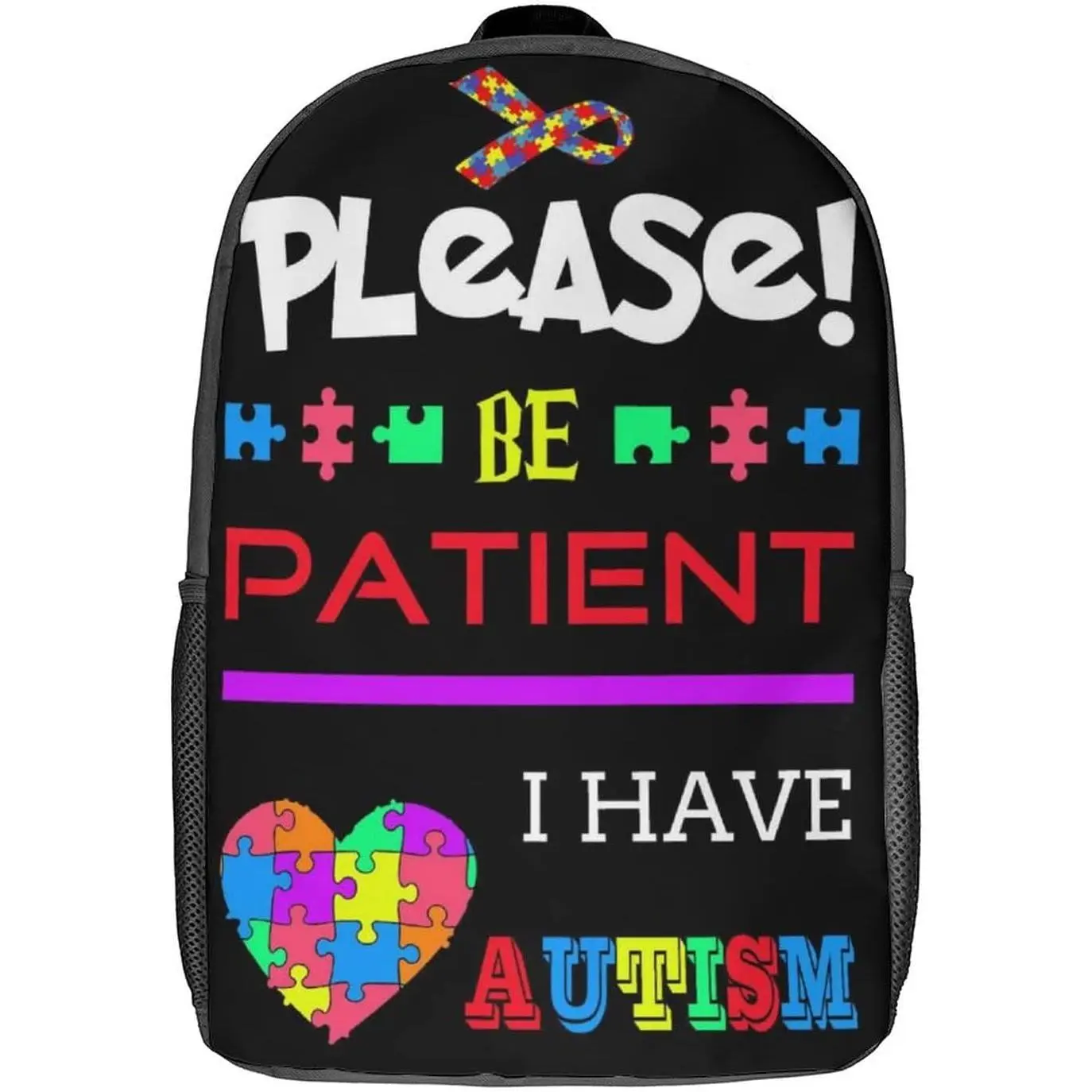 Autism Awareness Themed Backpack – Unisex 17-Inch Personalized, Colorful, Lightweight Backpack; Suitable for Daily Commuting, Travel, Hiking, and Camping
