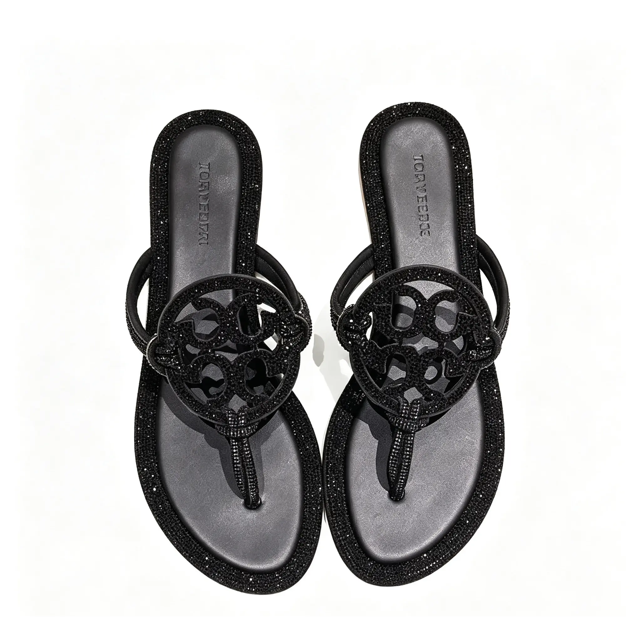 Women Rhinestone Trim Flip Flops, Hollow Circular Ornament Flat Thong Sandals, Sparkling Crystal Open Toe Slip On Slide Sandals, Ladies Casual Outdoor Beach Vacation Flip Slides Multiple Colors
