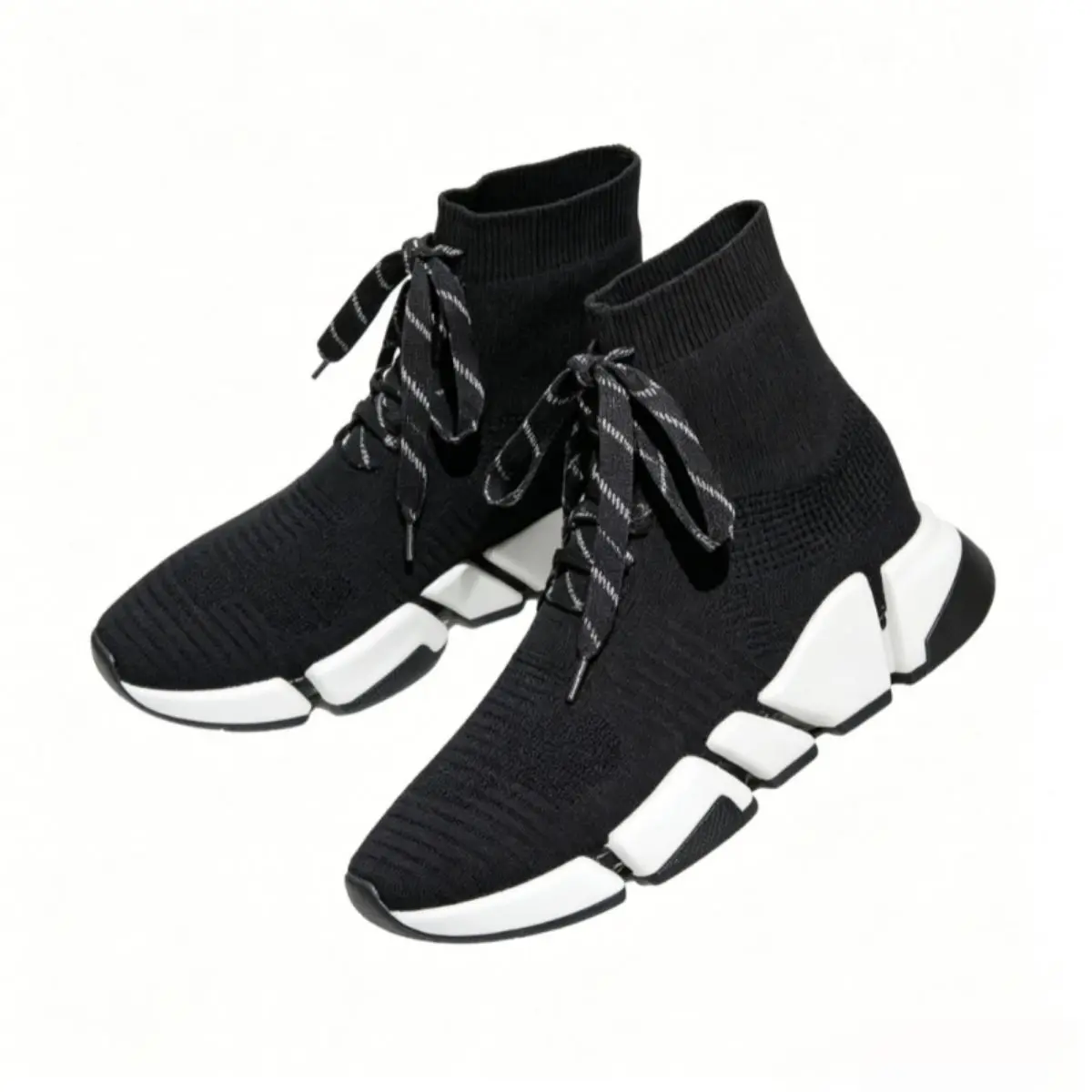 Trendy Elastic Knit Sock Ankle Sneakers Women High Top Lace Up Casual Shoes Soft Breathable Mesh Material Split Chunk Cushion Sole Light Weight Comfort Walking Trainers Non Slip Outdoor Running Daily Streetwear All Season Match Fashion Foot